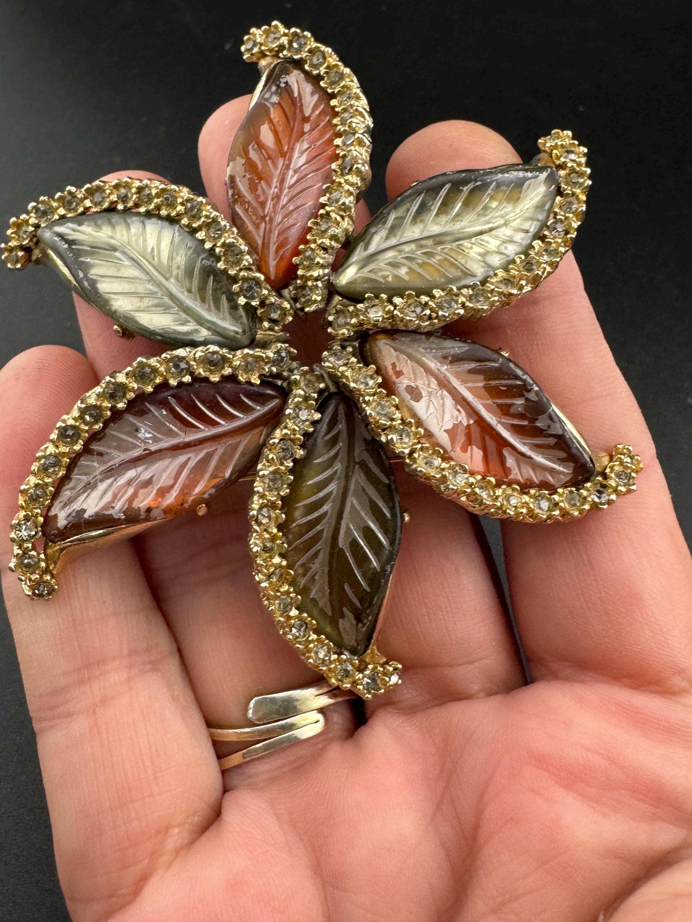 Oversized Rhinestone Leaf Brooch: Red Brown Molded Glass, Gold Tone