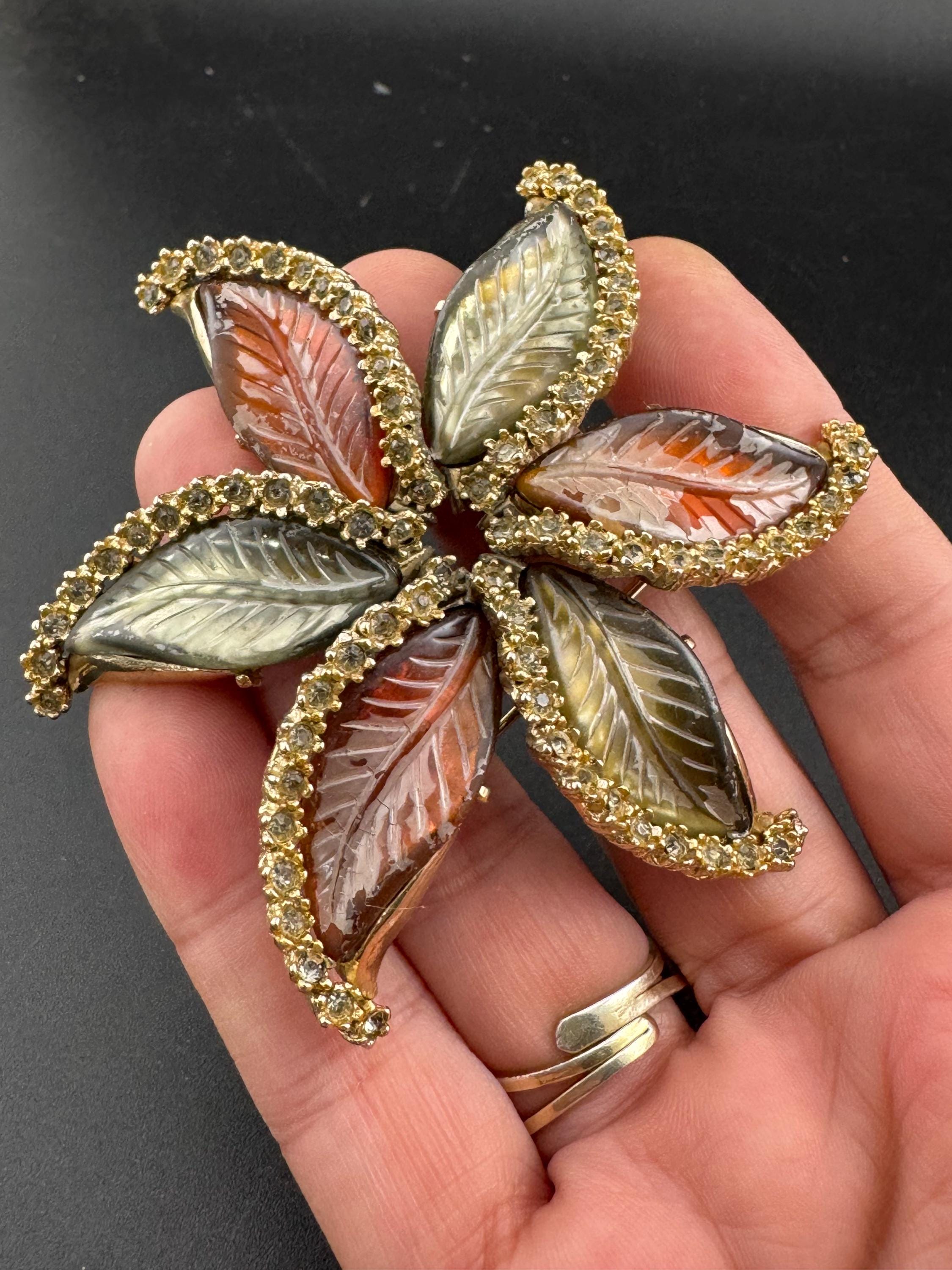 Oversized Rhinestone Leaf Brooch: Red Brown Molded Glass, Gold Tone