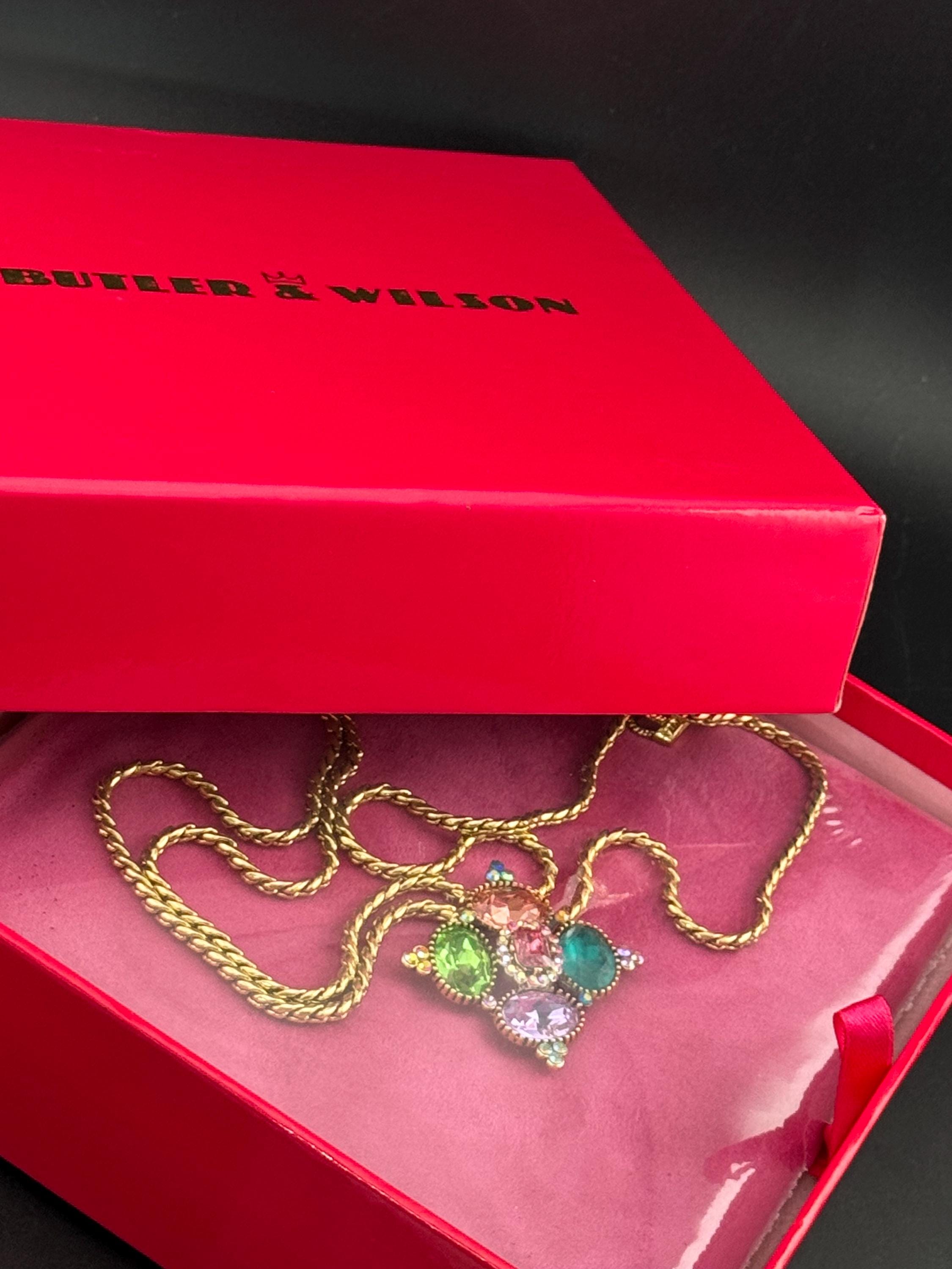 Signed sealed boxed B&W butler and Wilson medieval style rhinestone gold plated double chain pendant necklace with blue green pink crystals