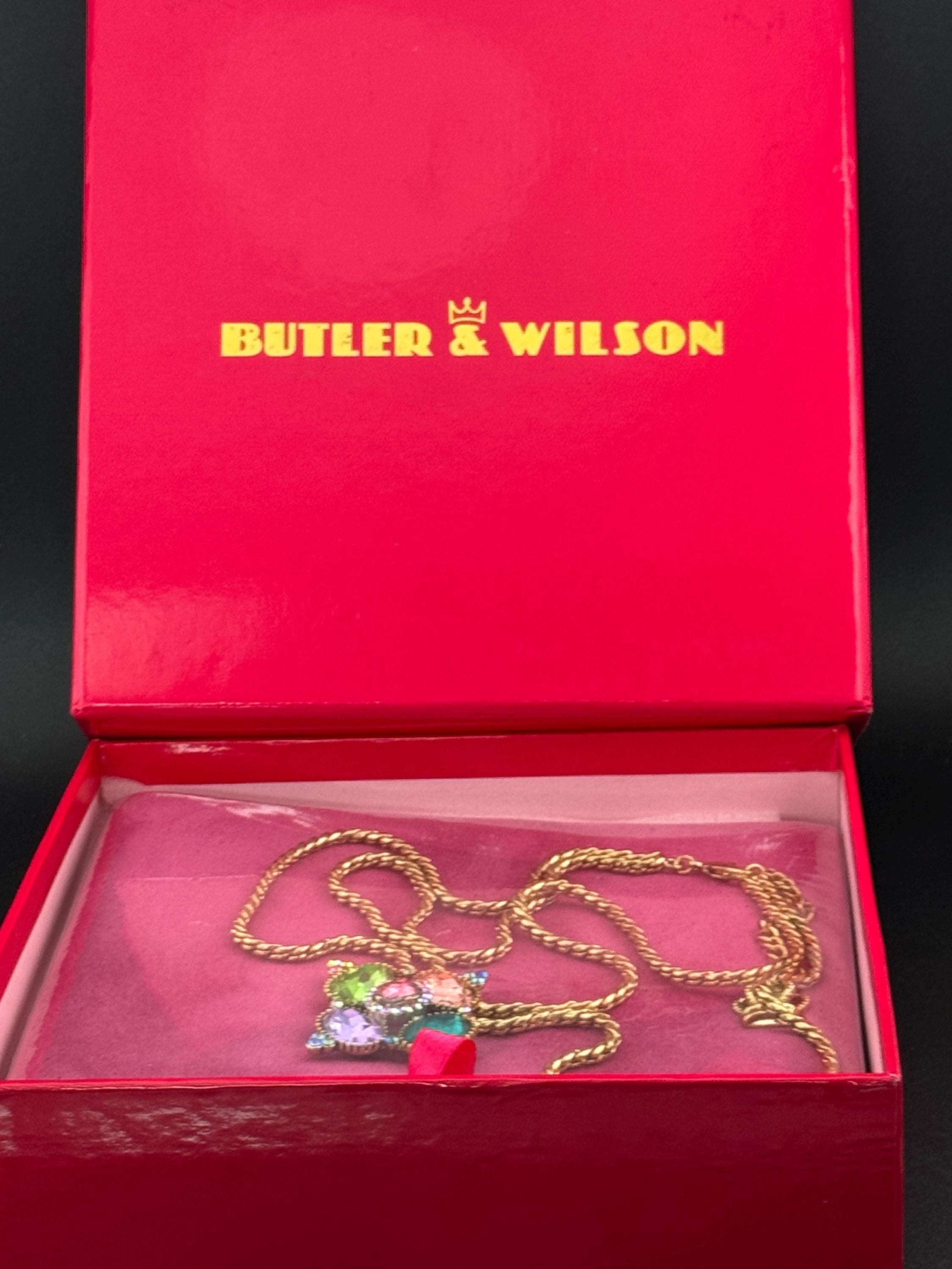 Signed sealed boxed B&W butler and Wilson medieval style rhinestone gold plated double chain pendant necklace with blue green pink crystals