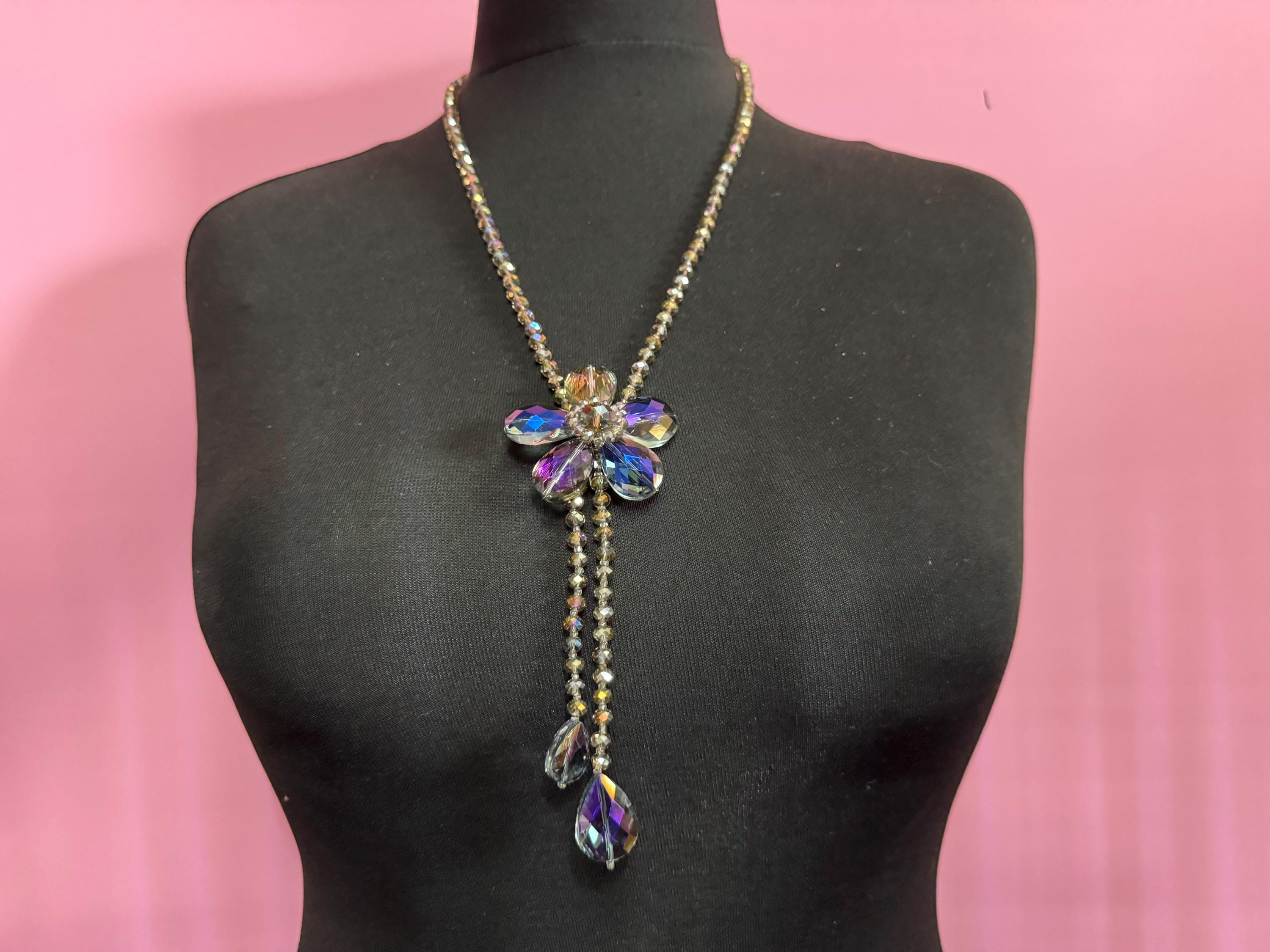 Oversized purple rainbow glass greay faceted beaded long floral drop necklace 67cm