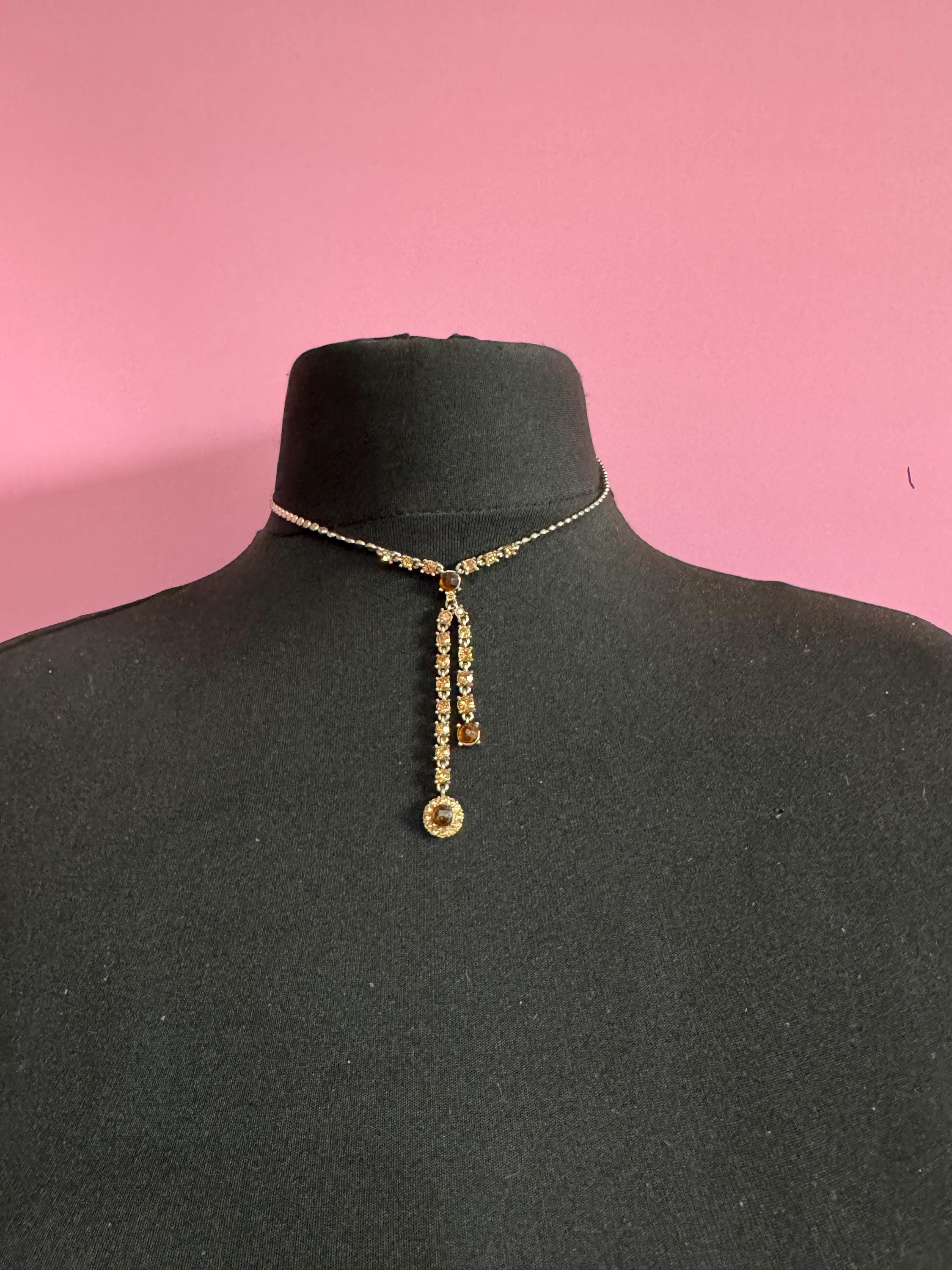 Signed Liz Claiborne silver tone brown orange rhinestone tassel necklace