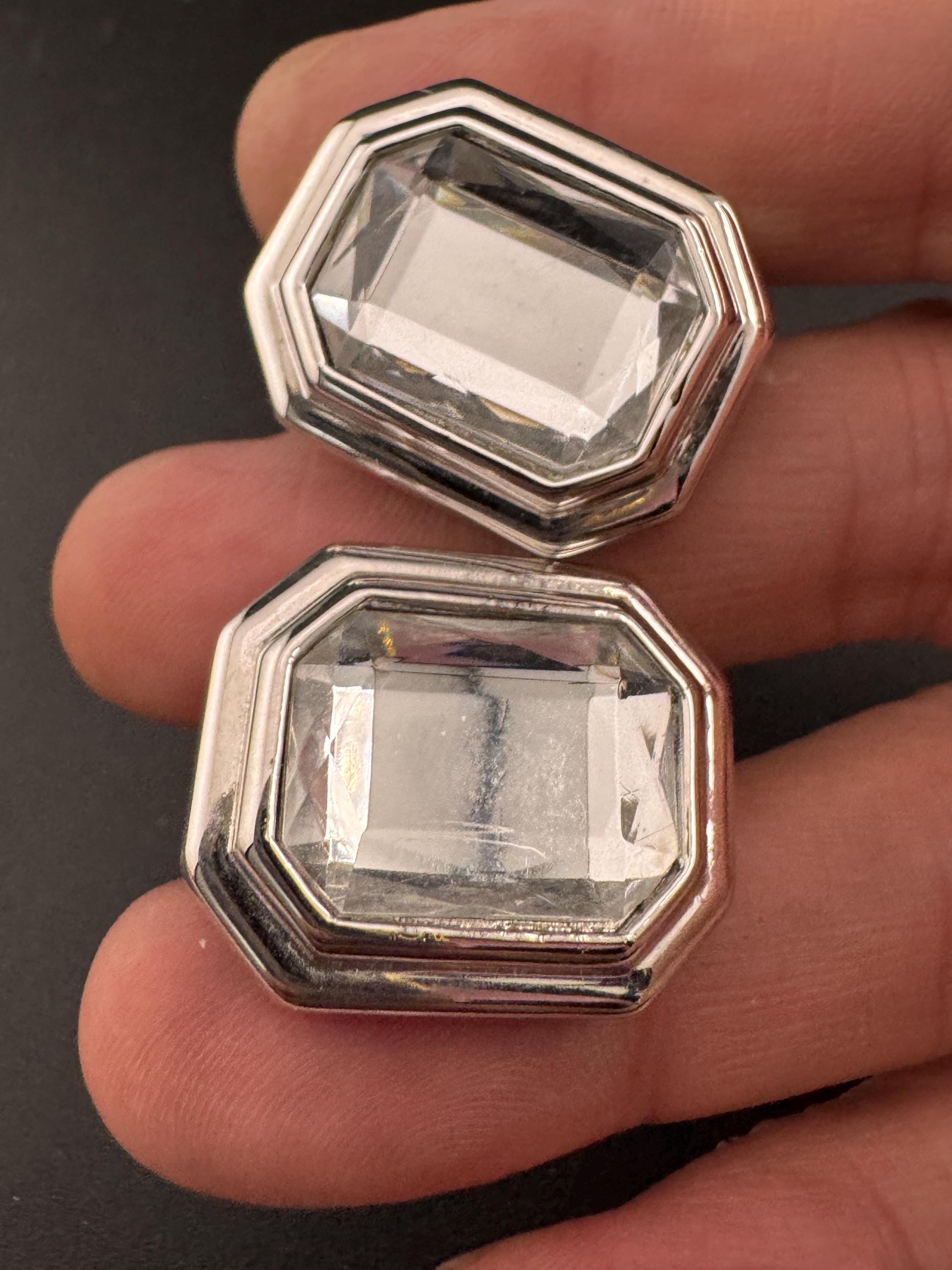 Signed D'Orlan Clip On Earrings: Modernist Silver Tone Diamanté