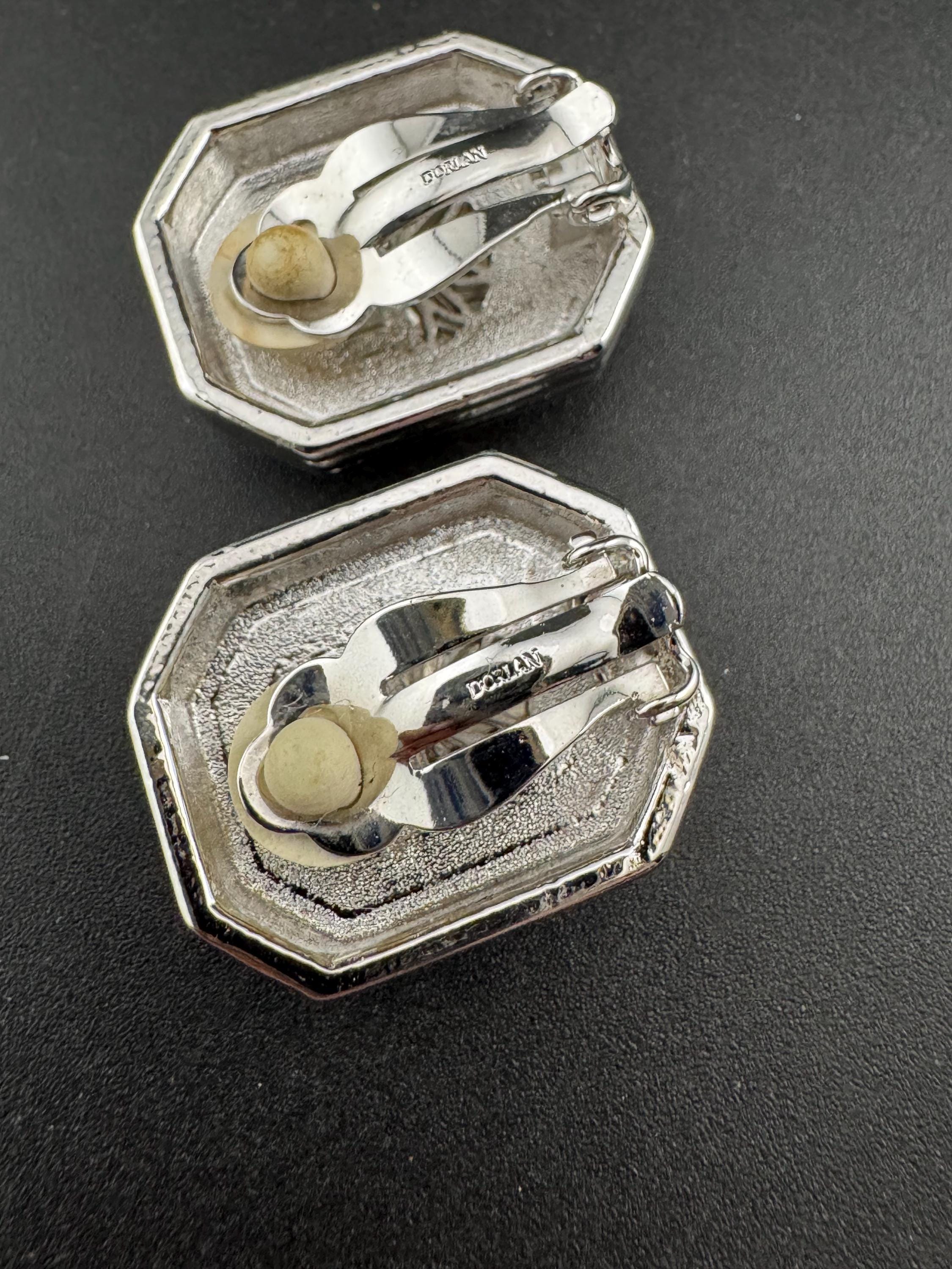 Signed D'Orlan Clip On Earrings: Modernist Silver Tone Diamanté