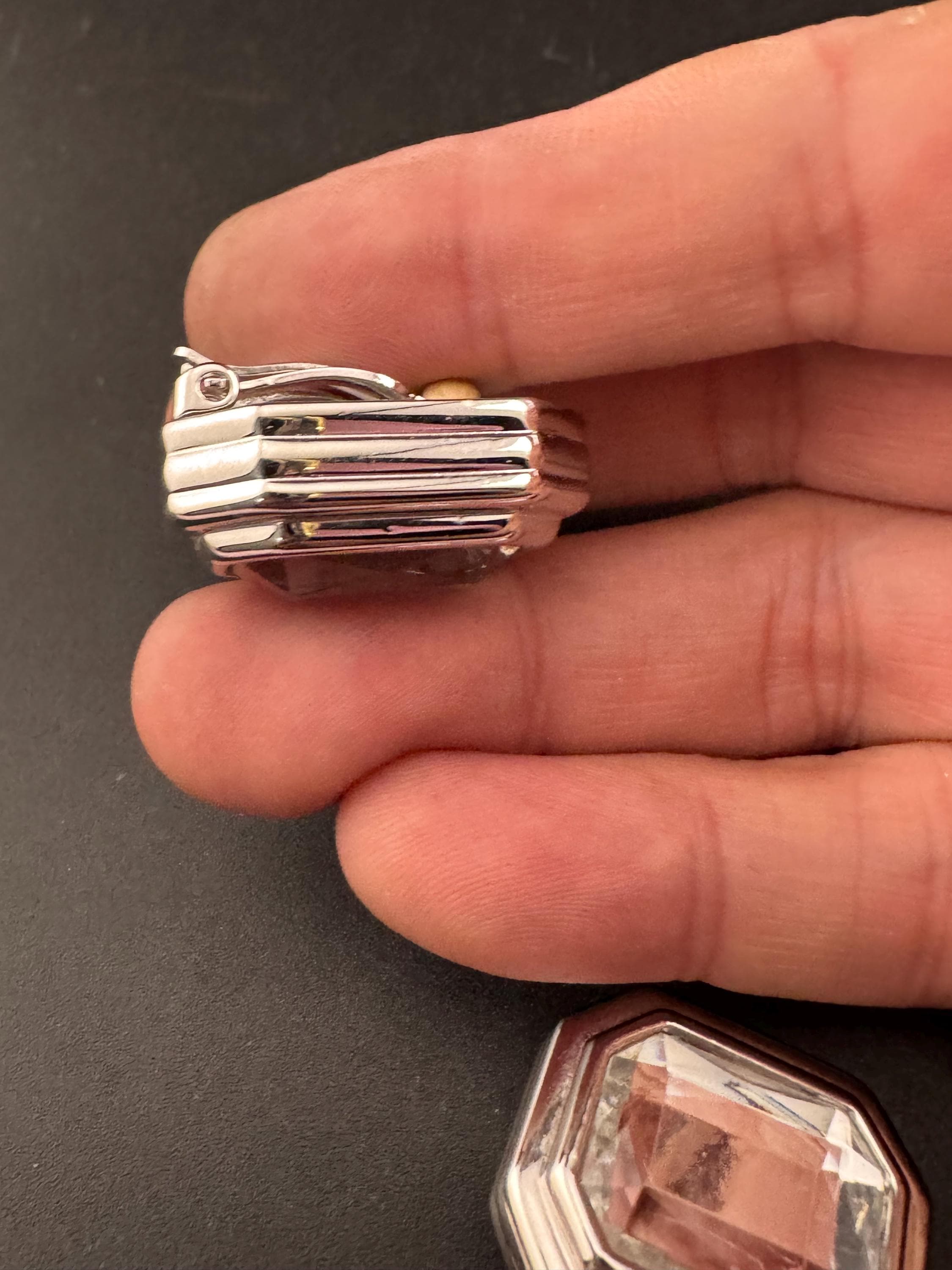 Signed D'Orlan Clip On Earrings: Modernist Silver Tone Diamanté