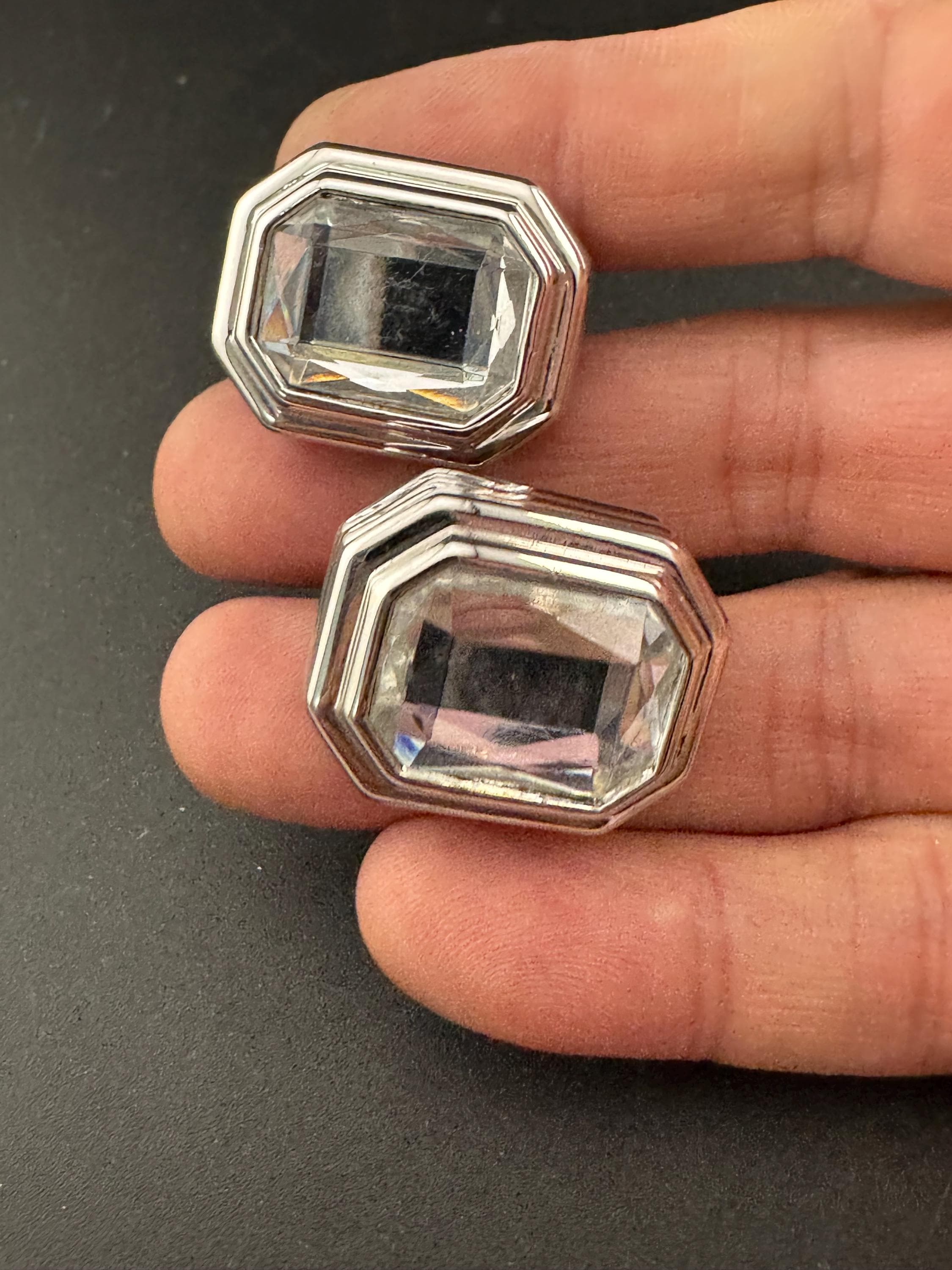 Signed D'Orlan Clip On Earrings: Modernist Silver Tone Diamanté