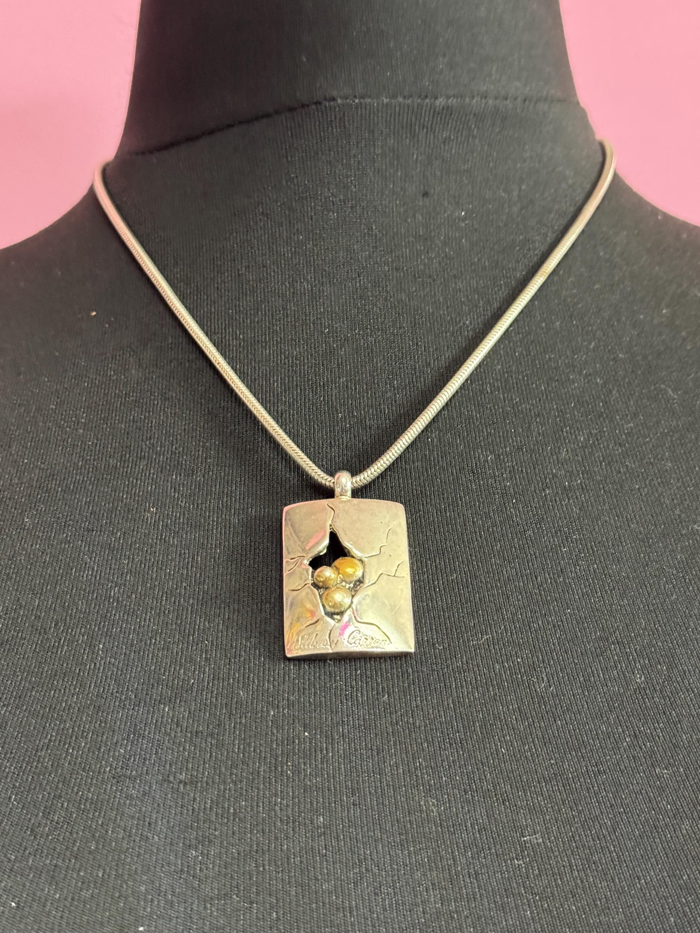 Signed Sidney Carron Paris Pendant Necklace: Silver Tone & Gold Ball