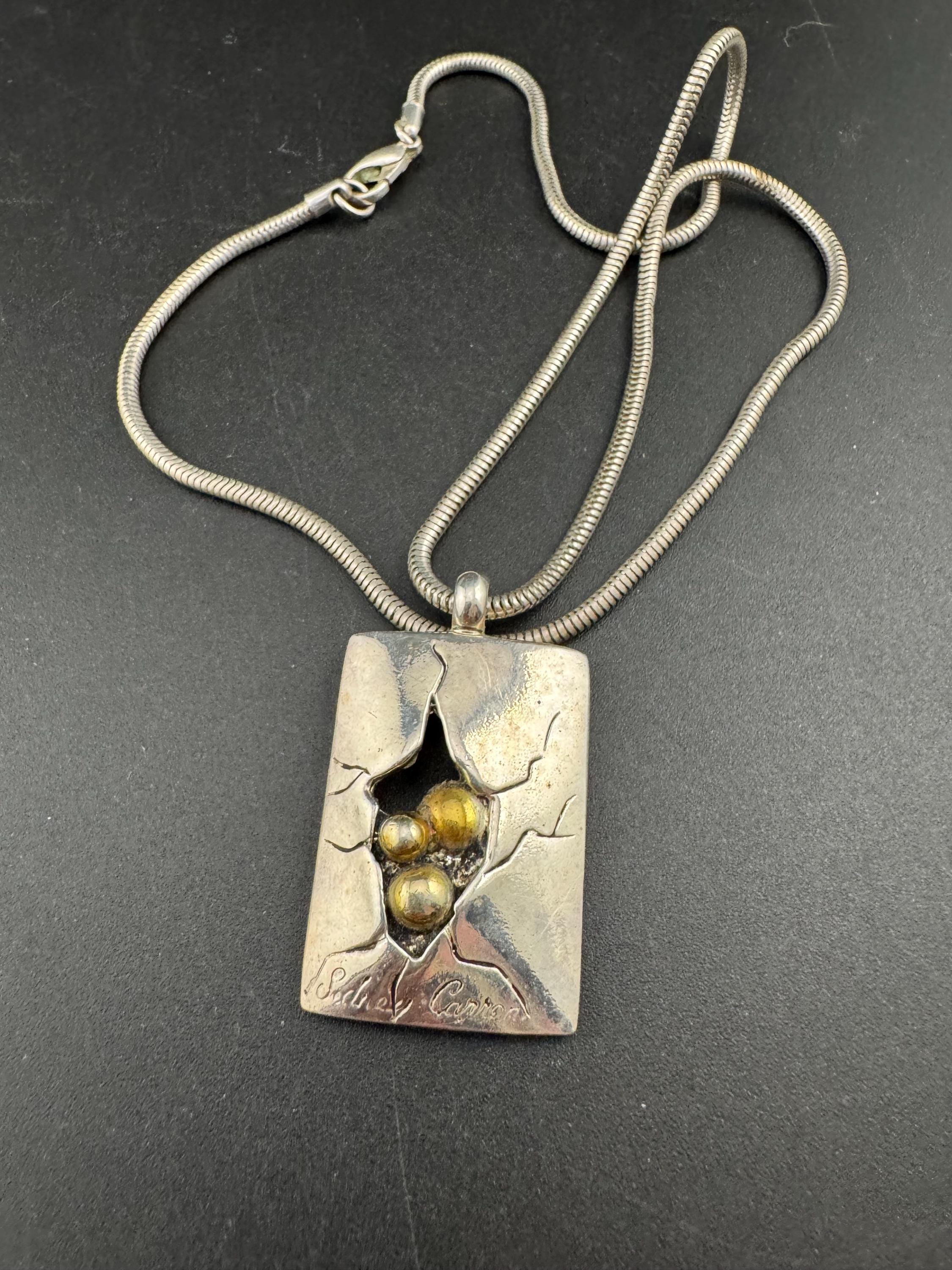 Signed Sidney Carron Paris Pendant Necklace: Silver Tone & Gold Ball