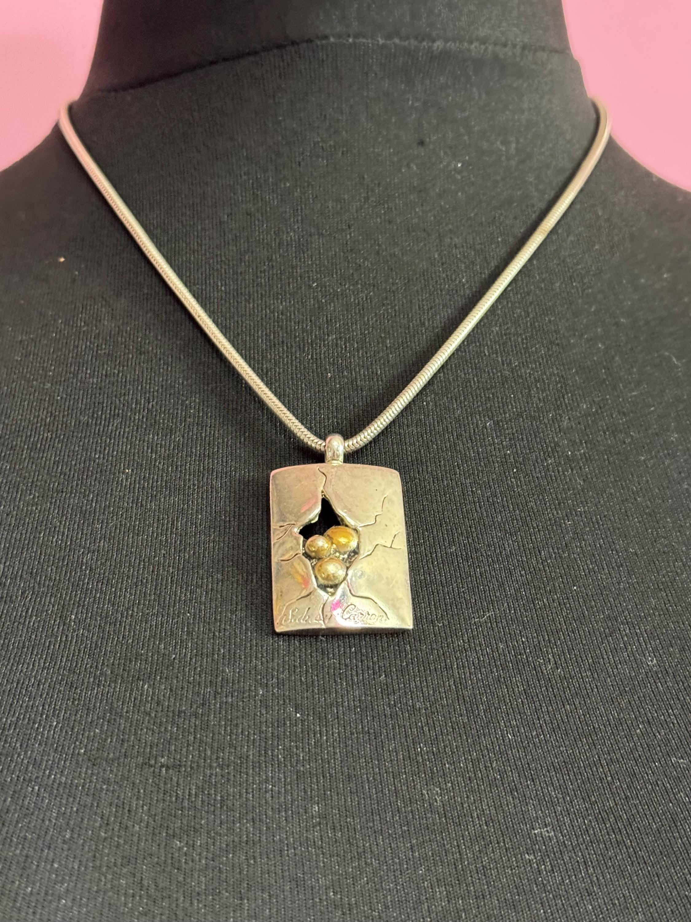 Signed Sidney Carron Paris Pendant Necklace: Silver Tone & Gold Ball