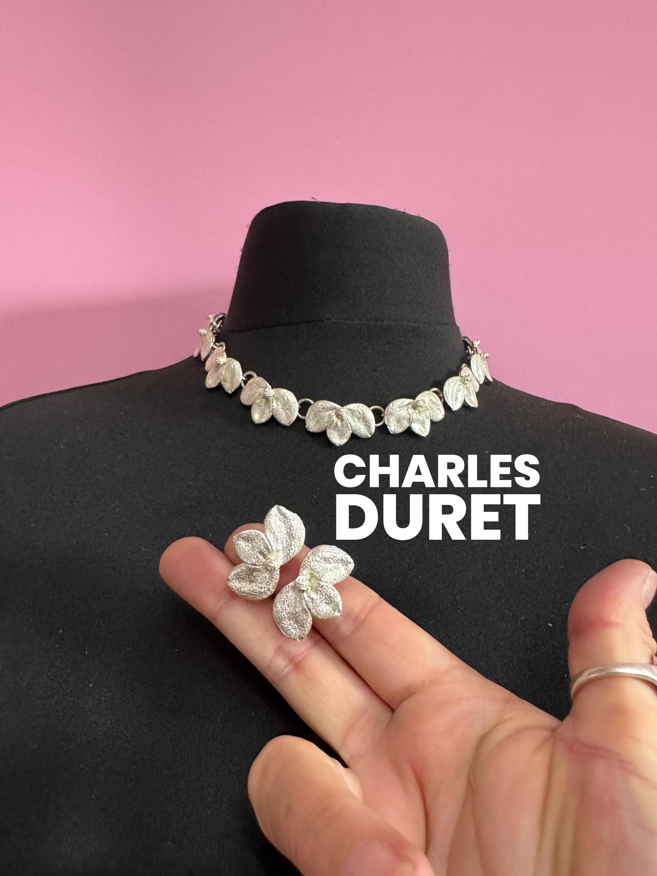 Signed Charles Duret French designer vintage Matt silver tone modernist panel link collar necklace and matching clip on earrings
