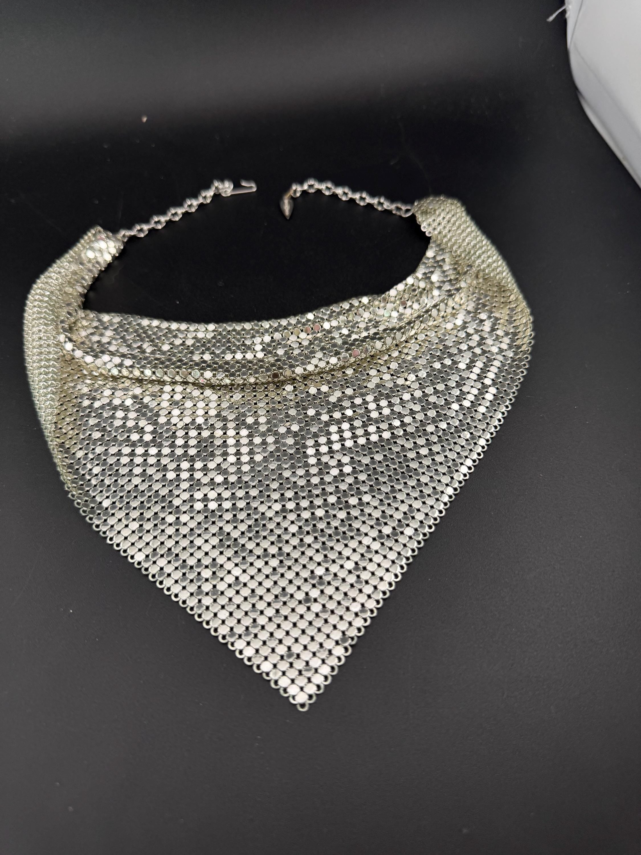 Signed whiting and Davis vintage silver plated mesh choker bib necklace
