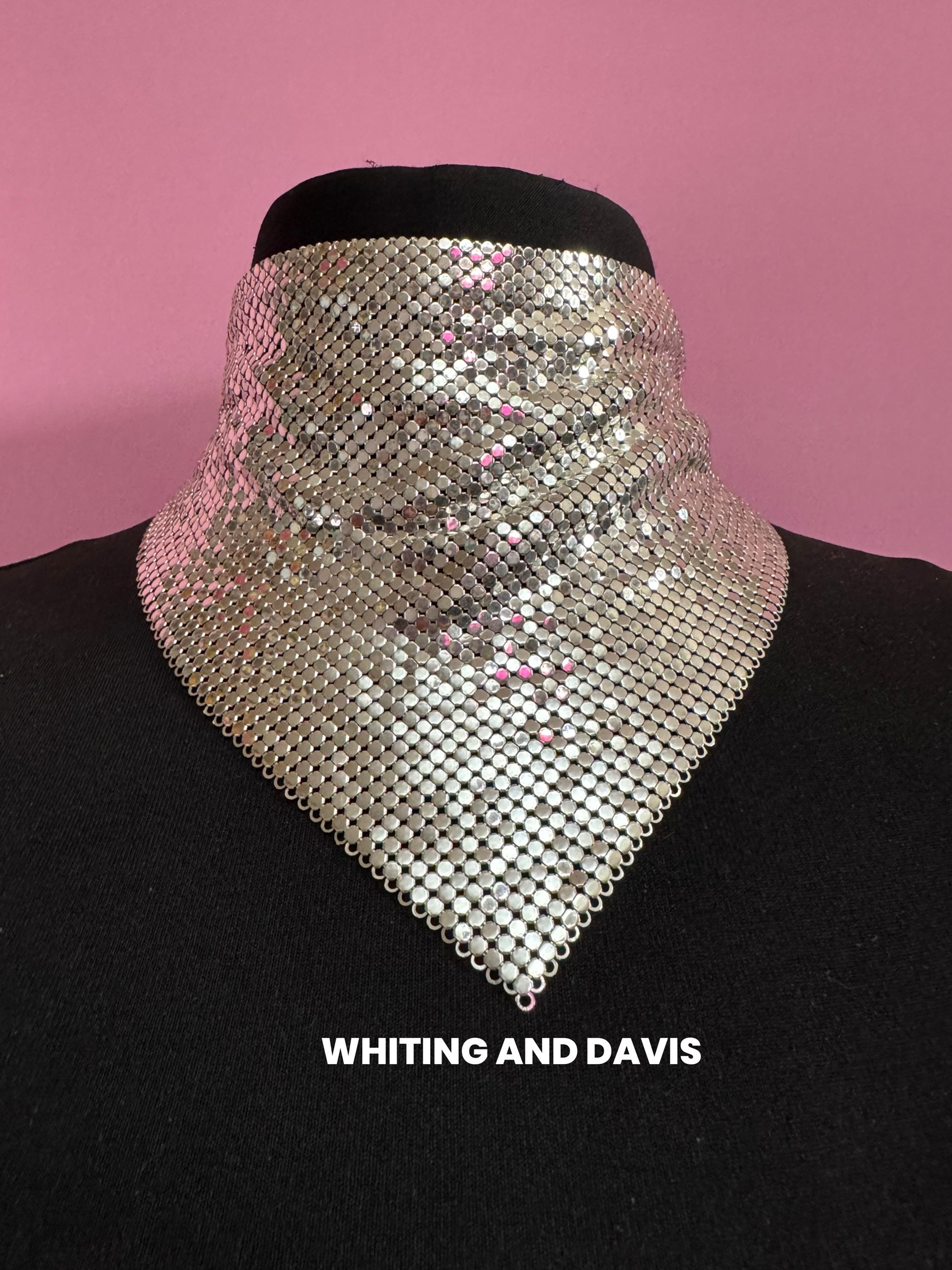 Signed whiting and Davis vintage silver plated mesh choker bib necklace