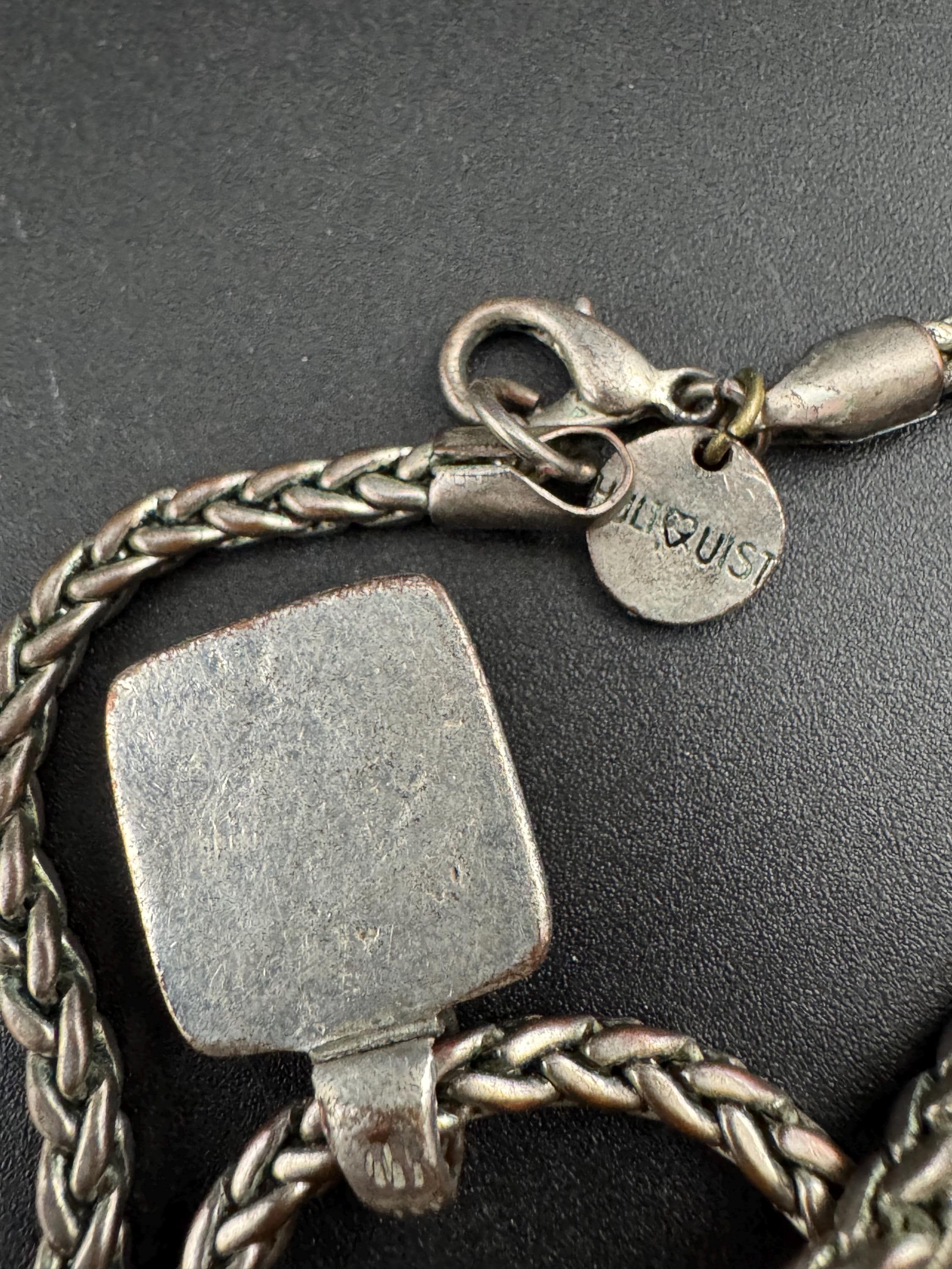 Signed hultquist Copenhagen Retro modernist dark silver tone wheat chain with turquoise square Crystal pendant necklace 42cm