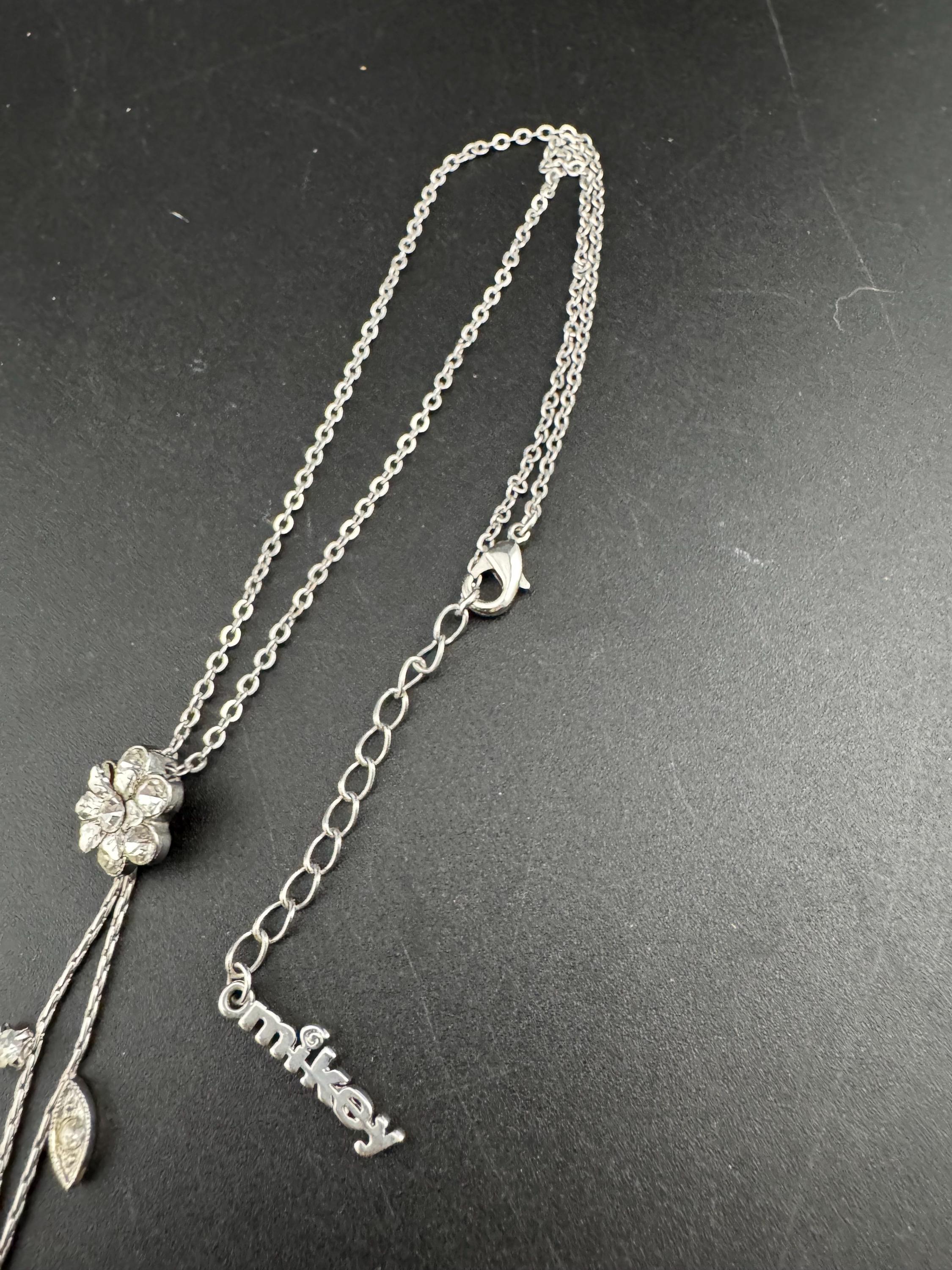 Signed Mikey retro clear diamanté rhinestone crystal silver tone drop necklace 90s 40-45cm