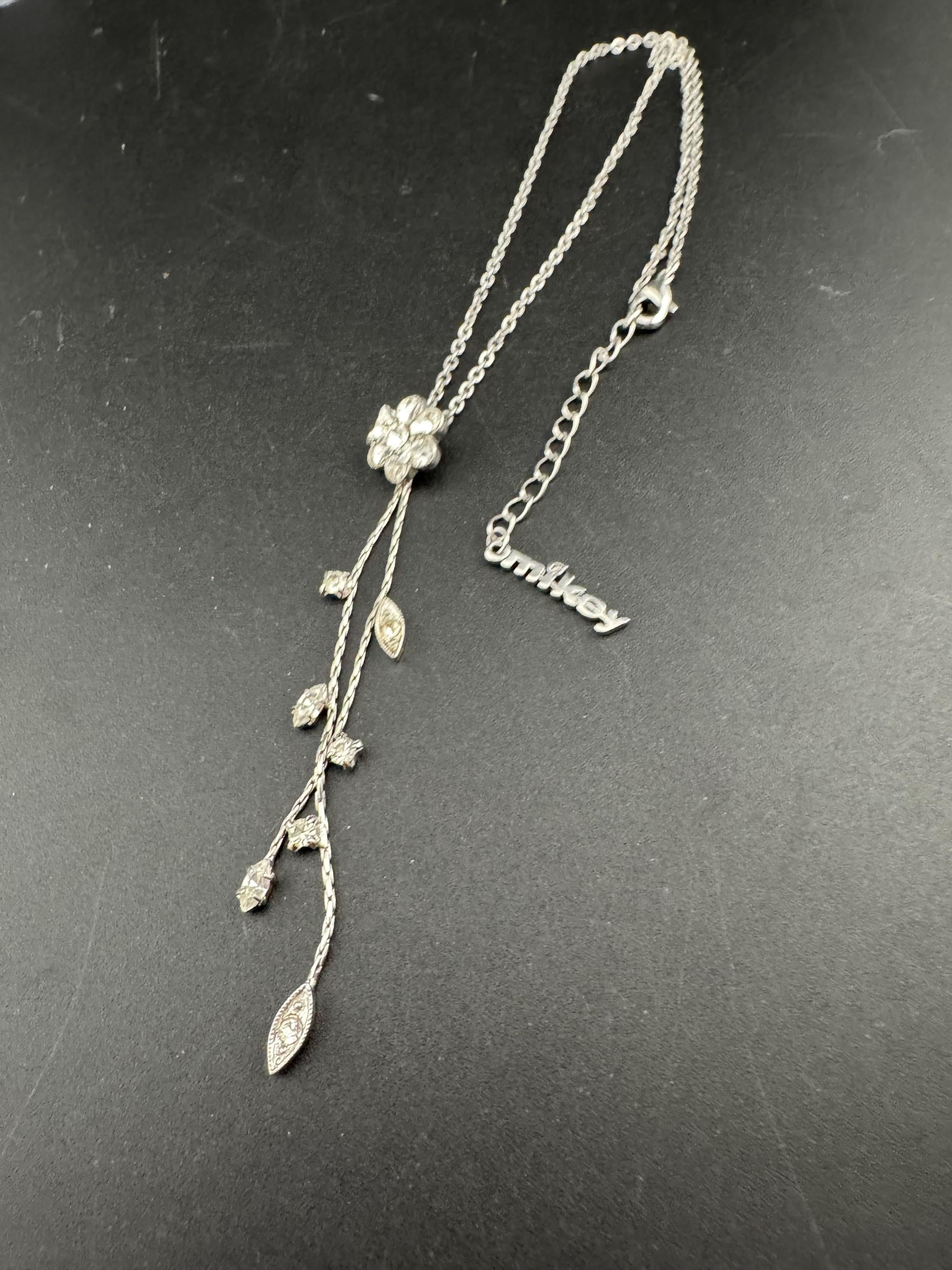 Signed Mikey retro clear diamanté rhinestone crystal silver tone drop necklace 90s 40-45cm