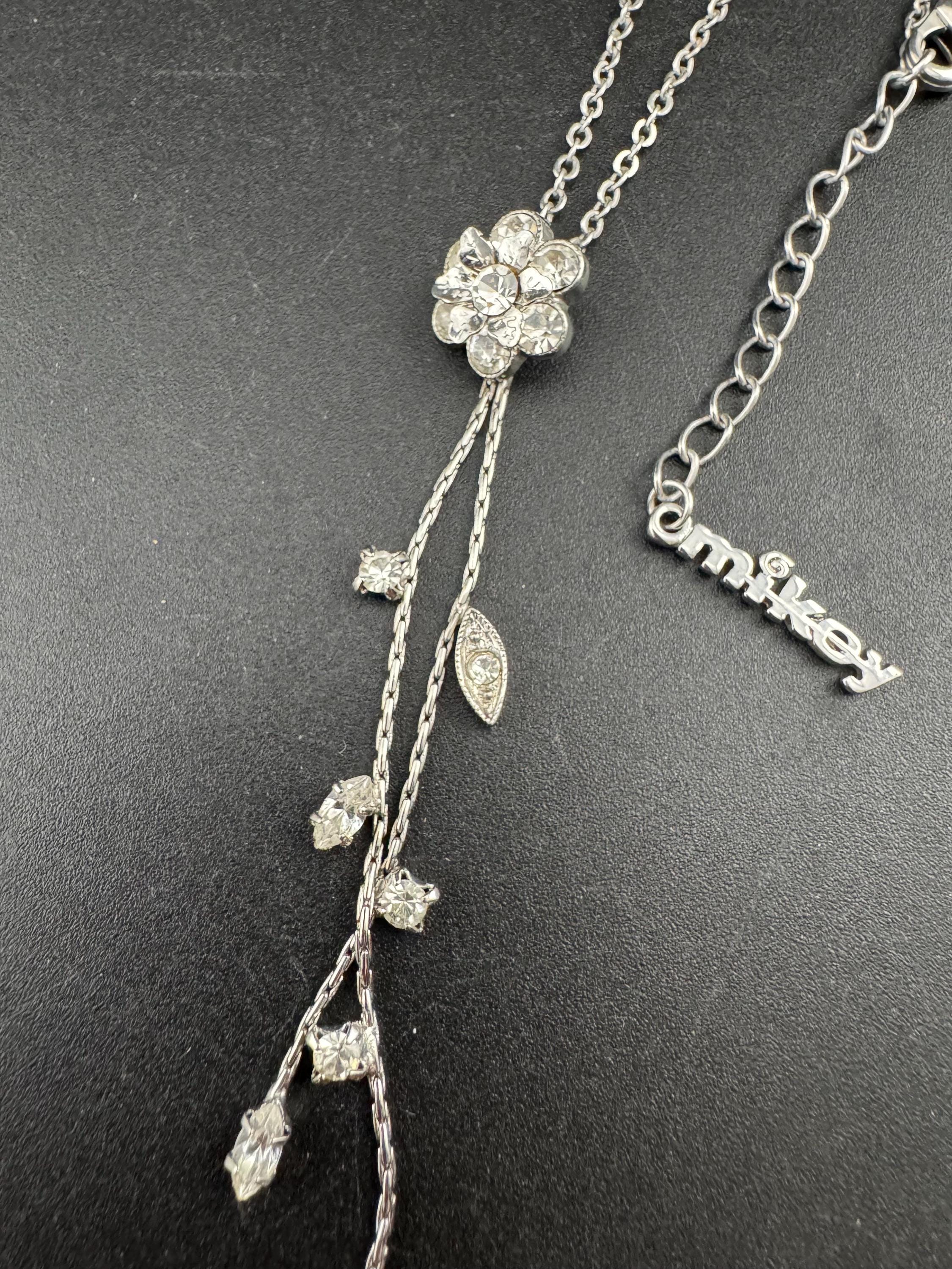 Signed Mikey retro clear diamanté rhinestone crystal silver tone drop necklace 90s 40-45cm