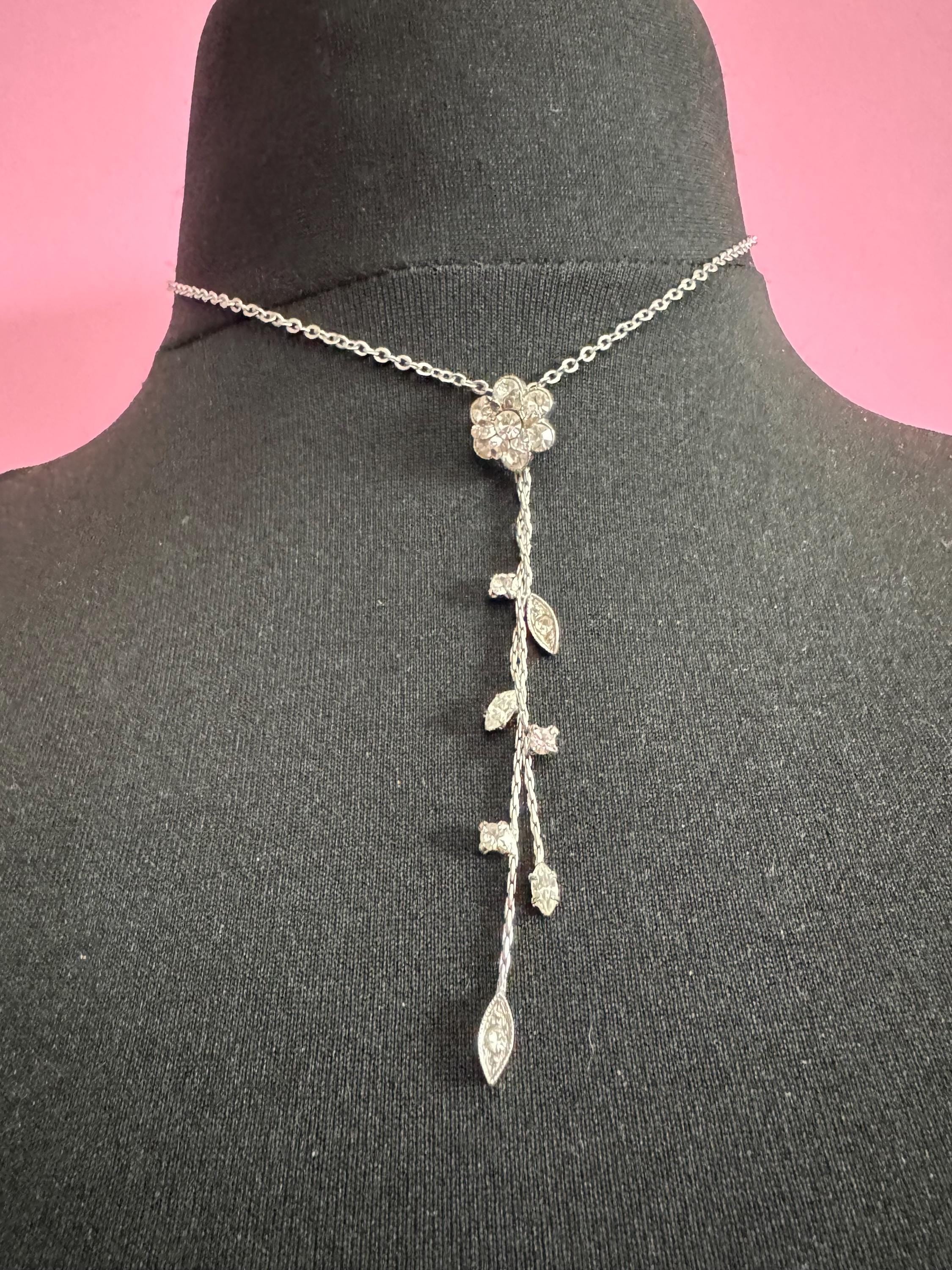 Signed Mikey retro clear diamanté rhinestone crystal silver tone drop necklace 90s 40-45cm
