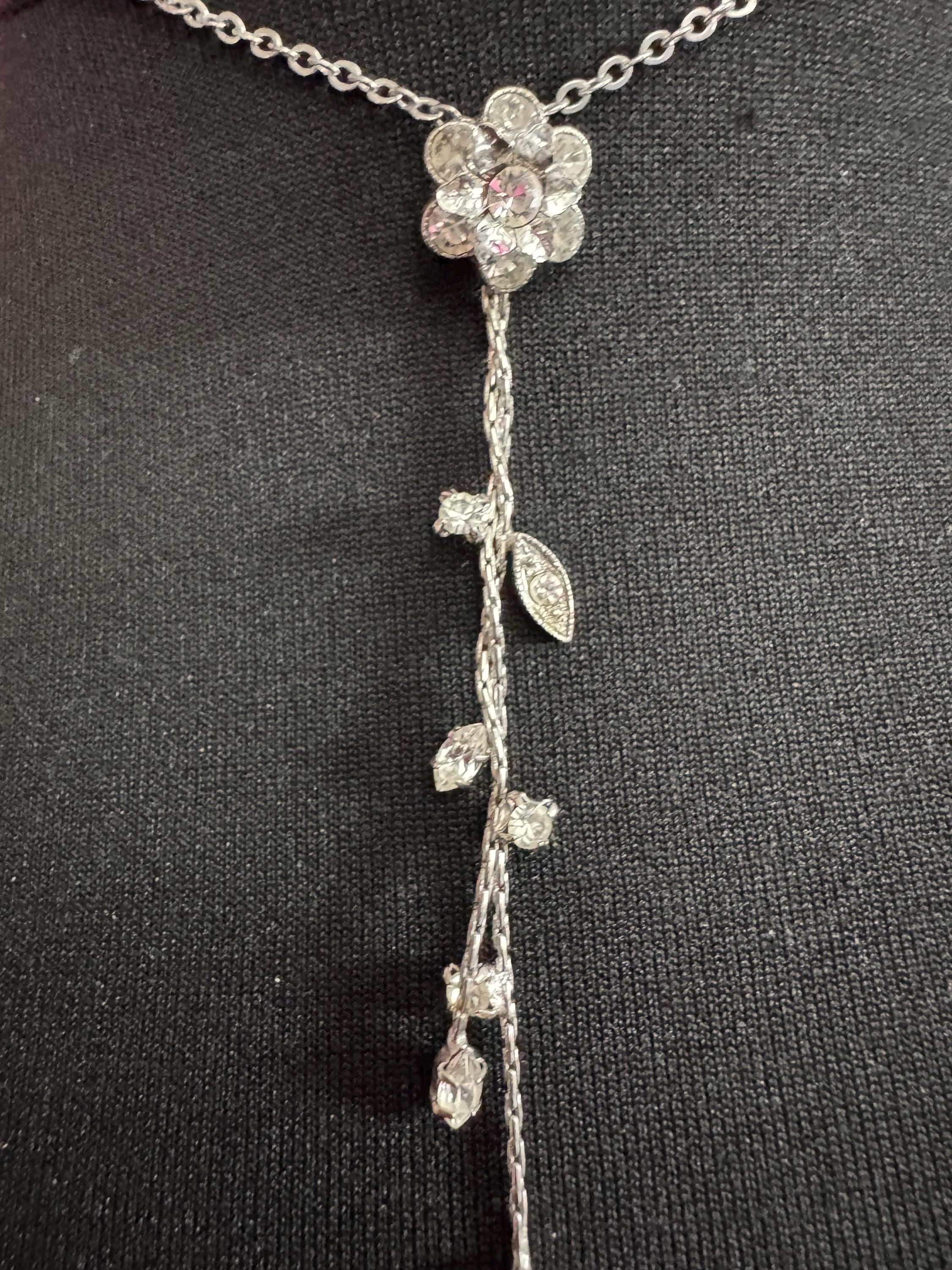 Signed Mikey retro clear diamanté rhinestone crystal silver tone drop necklace 90s 40-45cm