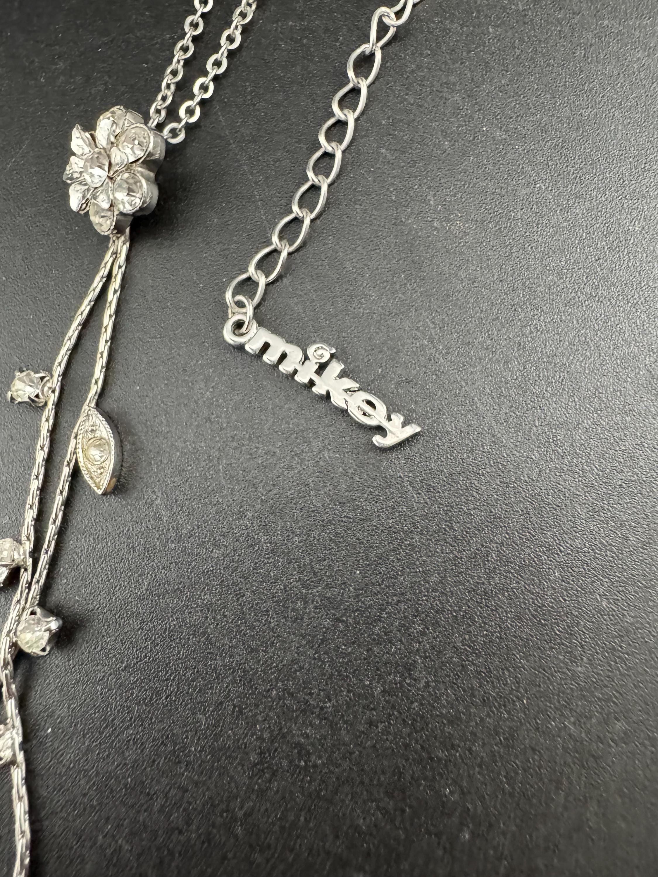 Signed Mikey retro clear diamanté rhinestone crystal silver tone drop necklace 90s 40-45cm