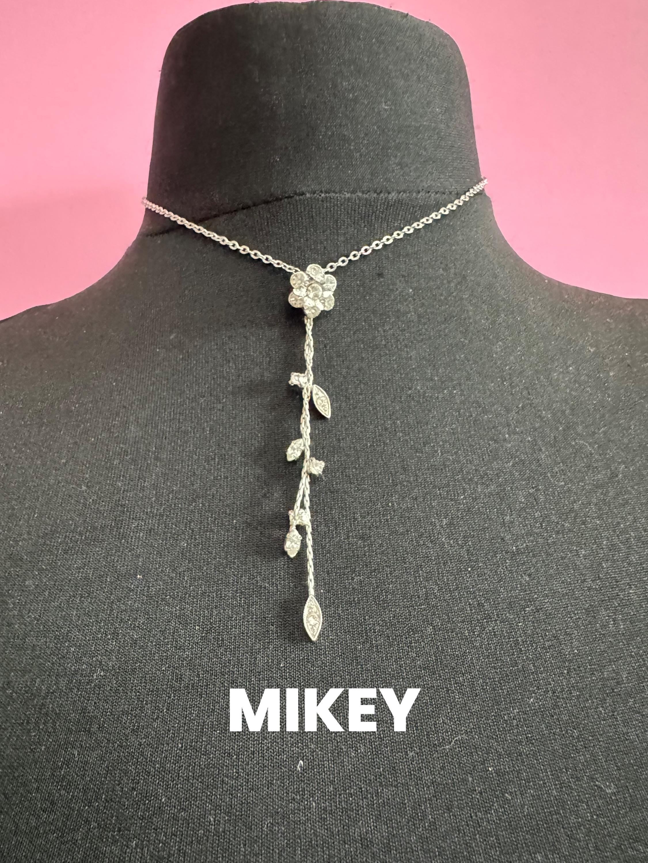 Signed Mikey retro clear diamanté rhinestone crystal silver tone drop necklace 90s 40-45cm