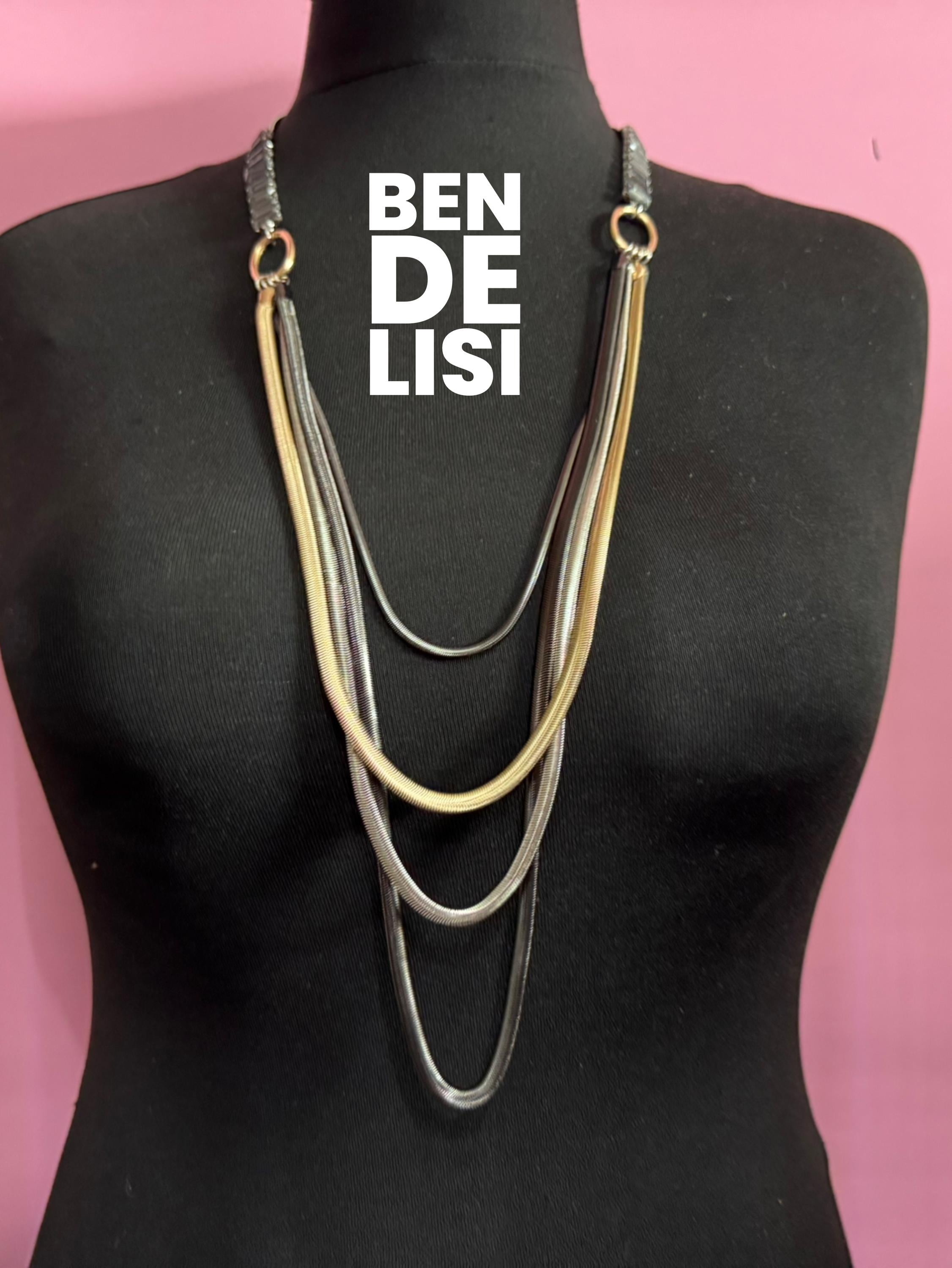 Retro Signed Ben De Lisi very long modernist multistrand grey crystal snake chain layering necklace, silver tone