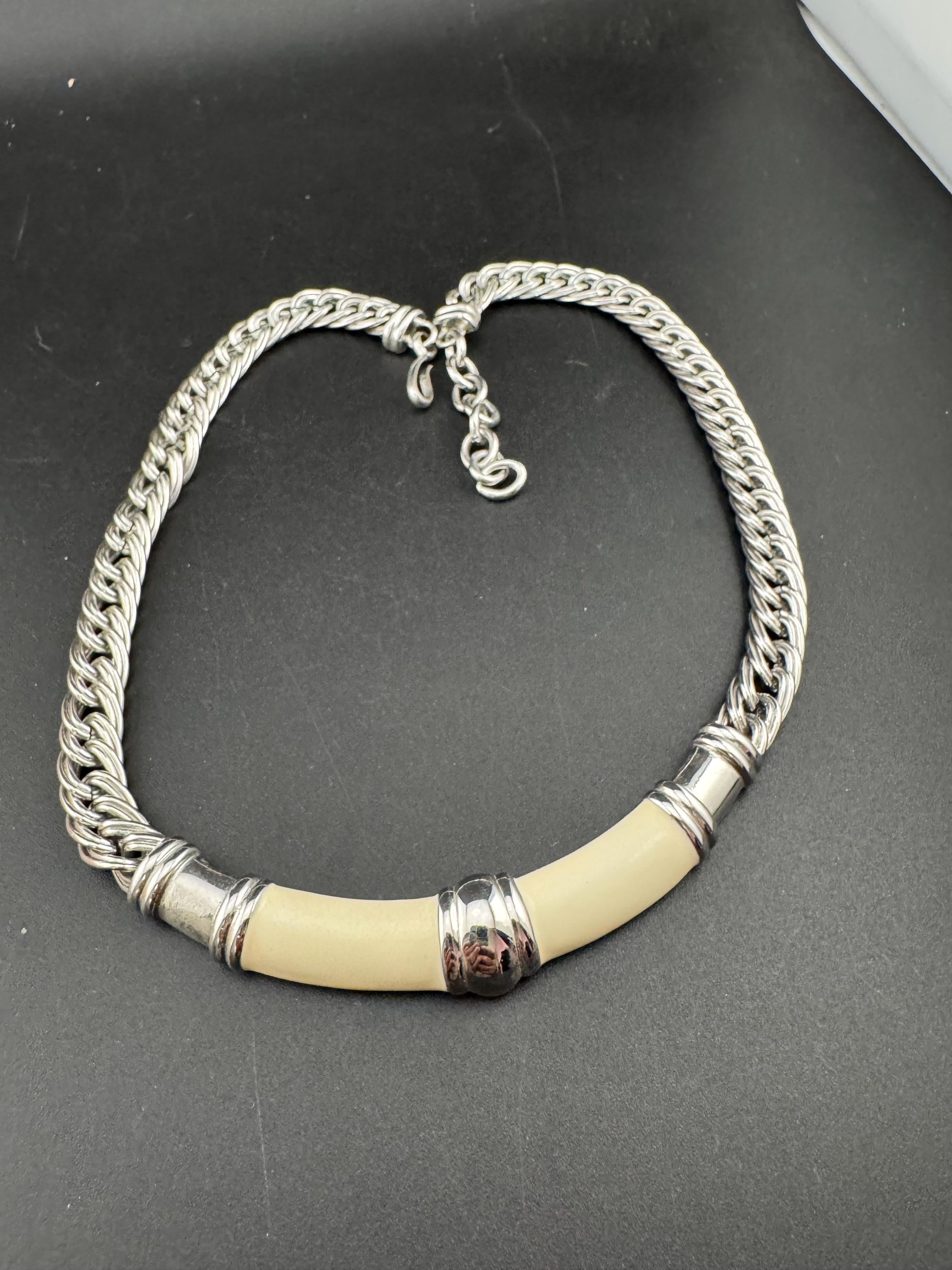 Signed Monet Cream Enamel Choker Necklace: Silver Tone Adjustable Chain