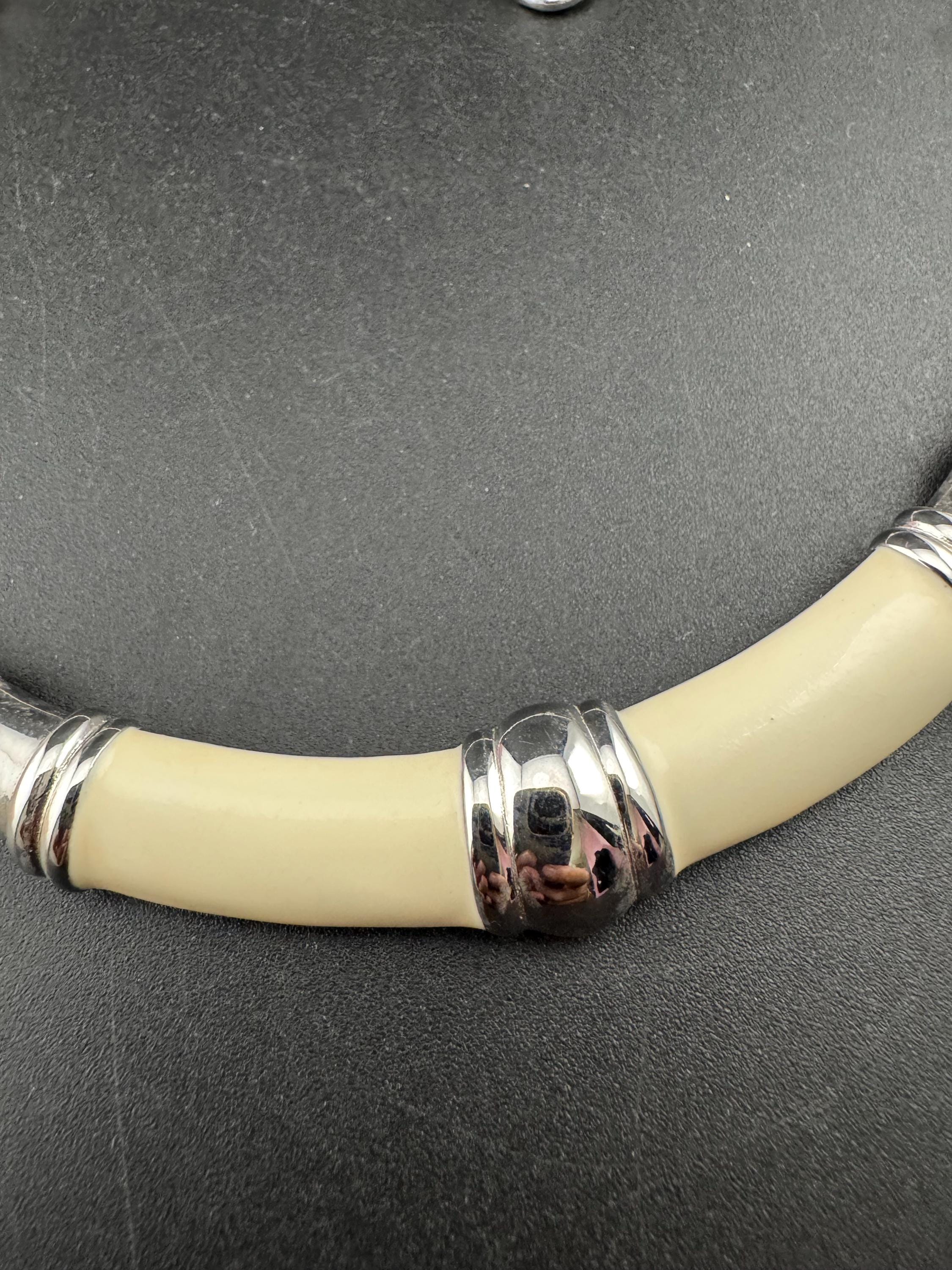 Signed Monet Cream Enamel Choker Necklace: Silver Tone Adjustable Chain