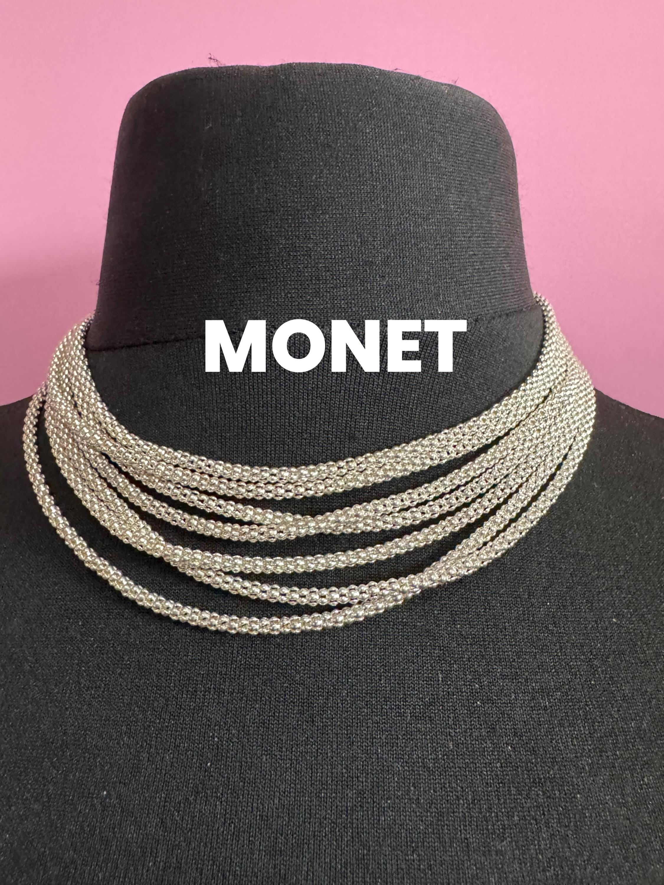 Signed MONET Vintage silver tone textured popcorn chain  Multistrand collar necklace 39-45cm