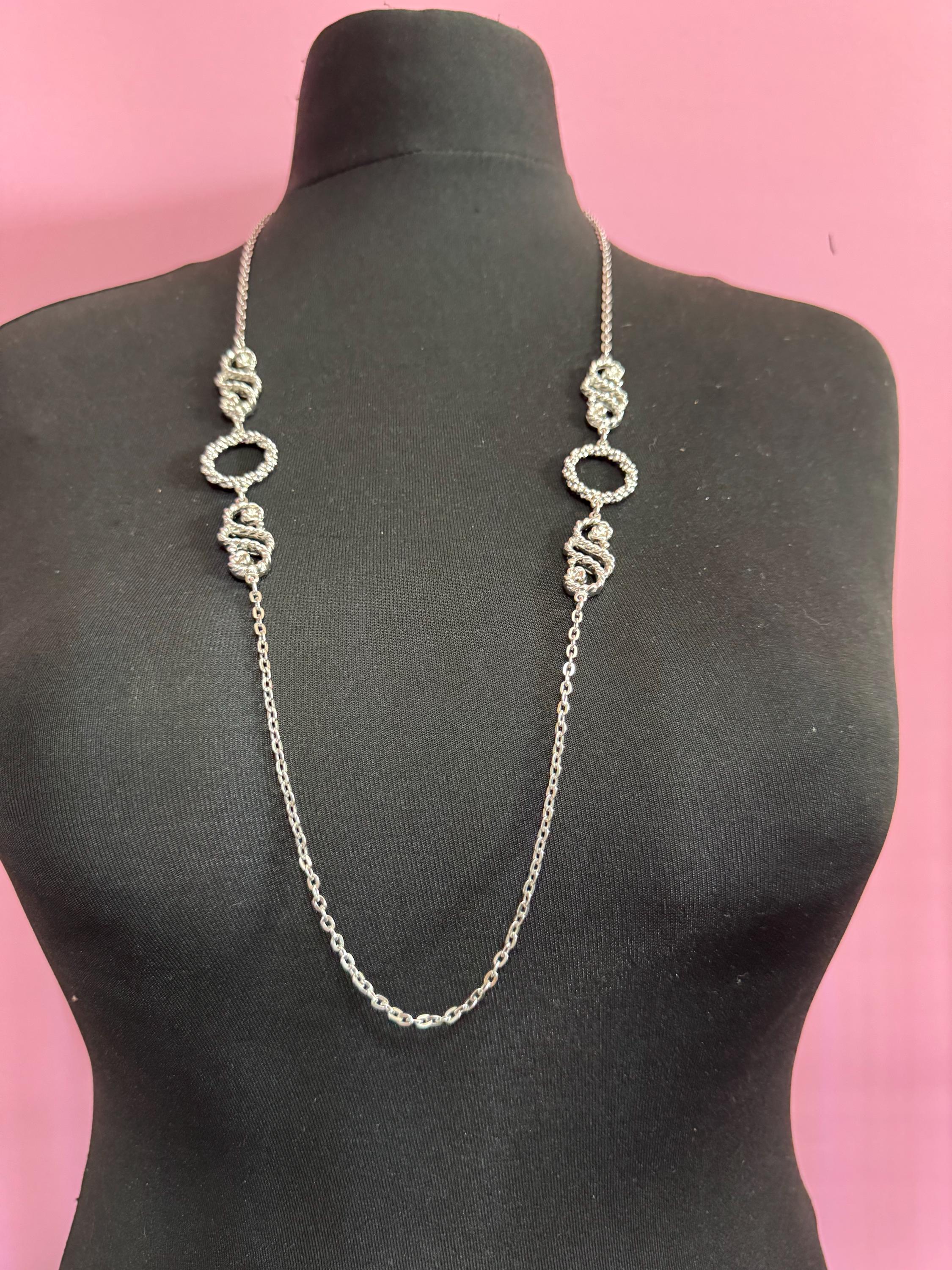 Vintage Sarah Coventry signed long silver tone nautical rope twist station Link chain necklace, over the head 88cm