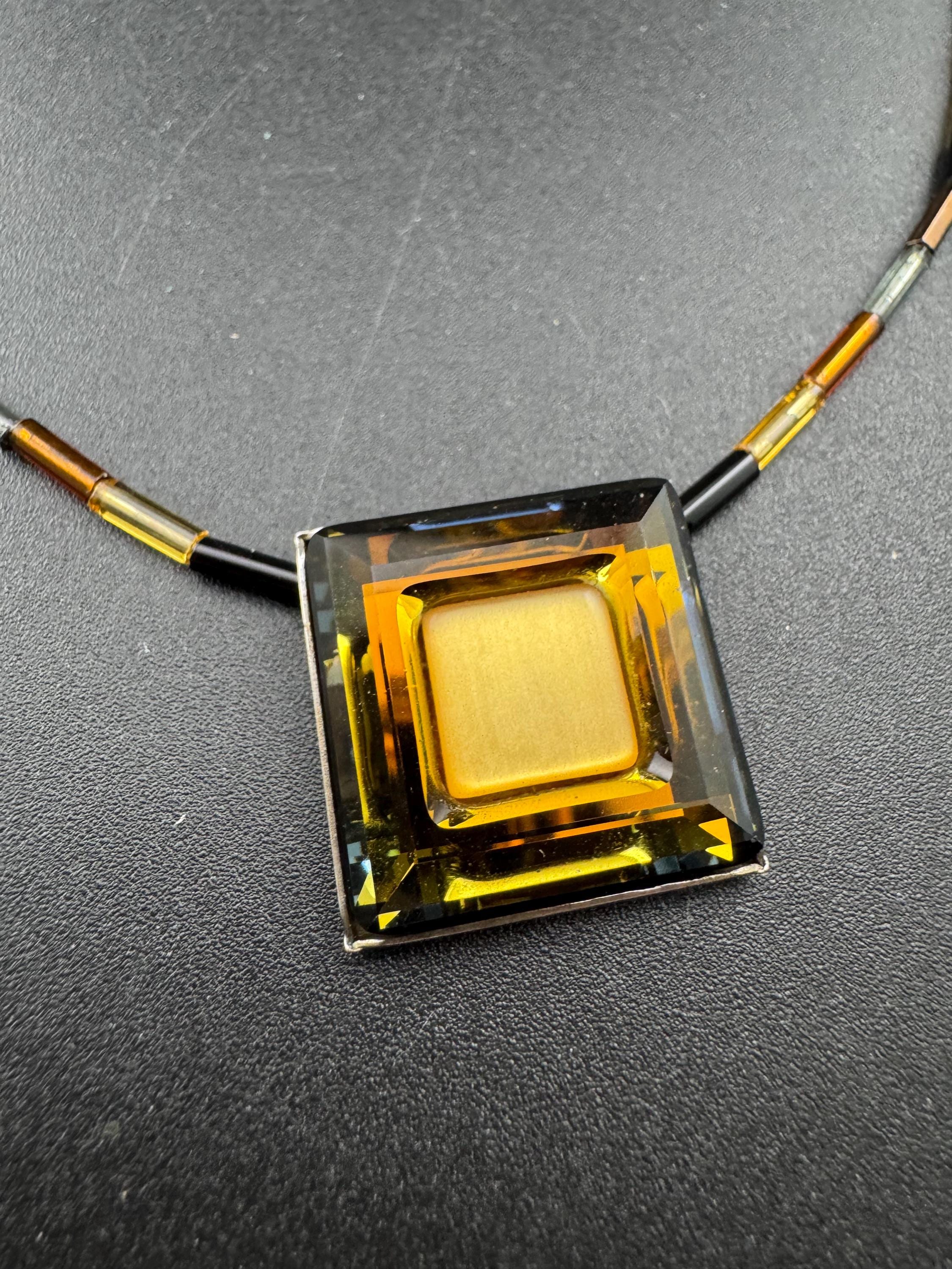 Vintage signed coeur de lion designer Amber Orange Crystal crystal & glass bugle beaded necklace