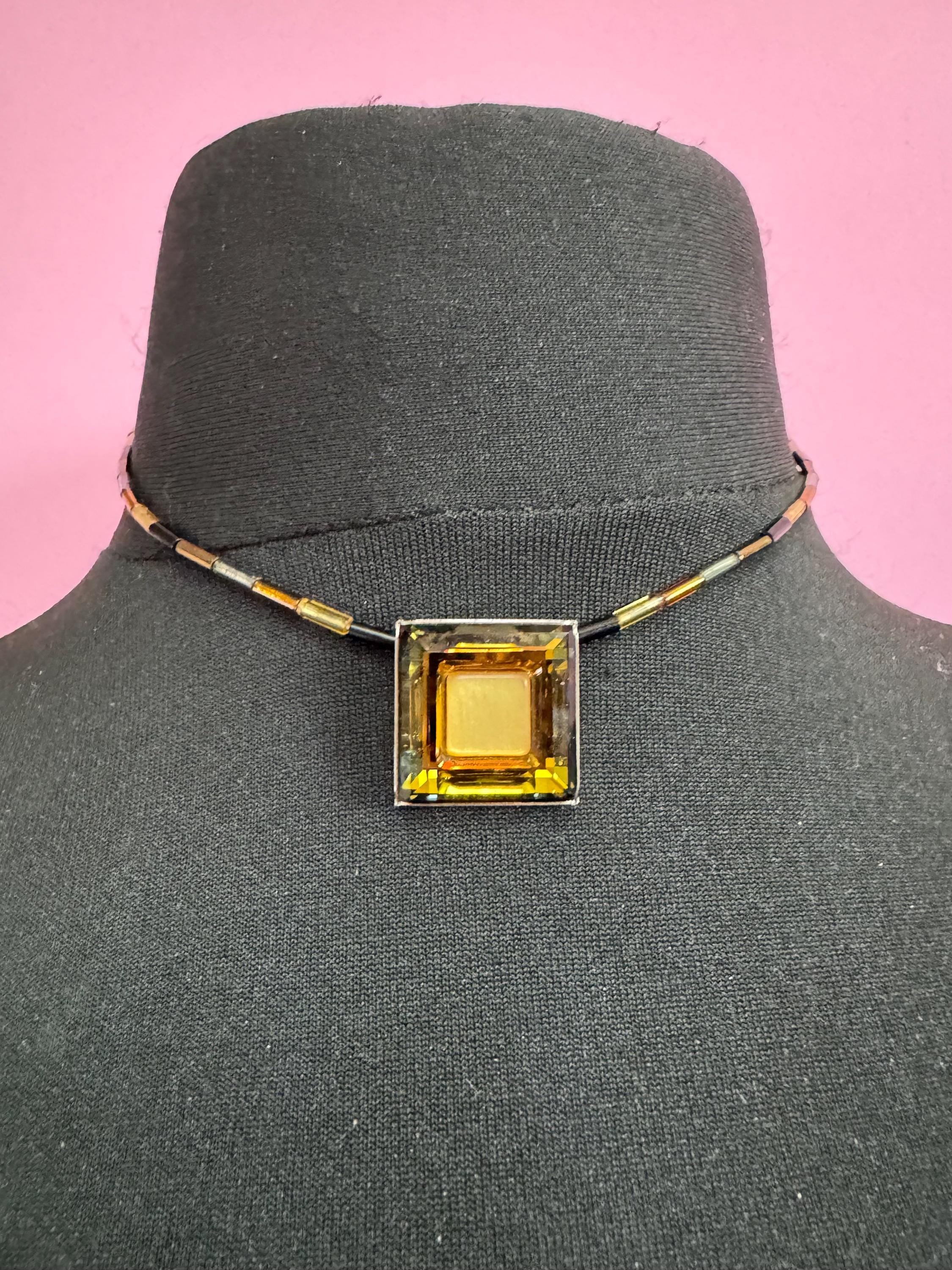 Vintage signed coeur de lion designer Amber Orange Crystal crystal & glass bugle beaded necklace