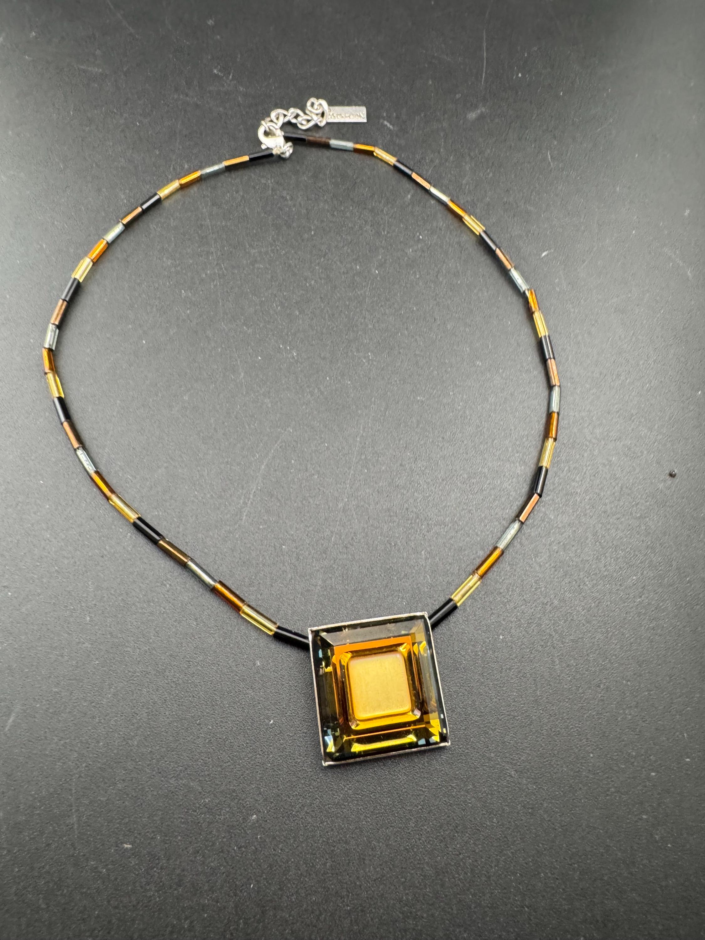 Vintage signed coeur de lion designer Amber Orange Crystal crystal & glass bugle beaded necklace