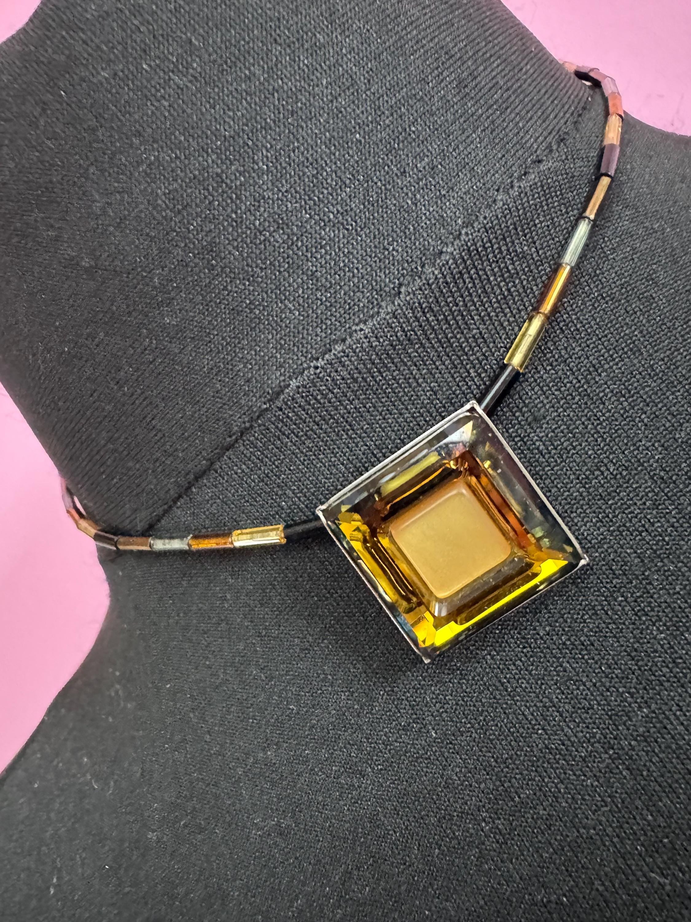 Vintage signed coeur de lion designer Amber Orange Crystal crystal & glass bugle beaded necklace