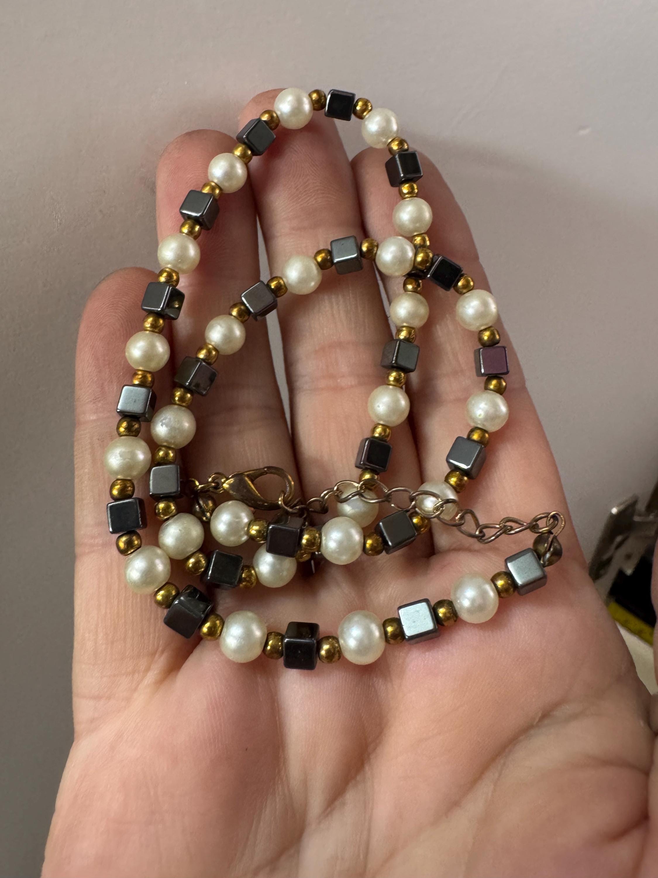 Signed CIRO cream faux pearl and hematite box beaded collar Necklace