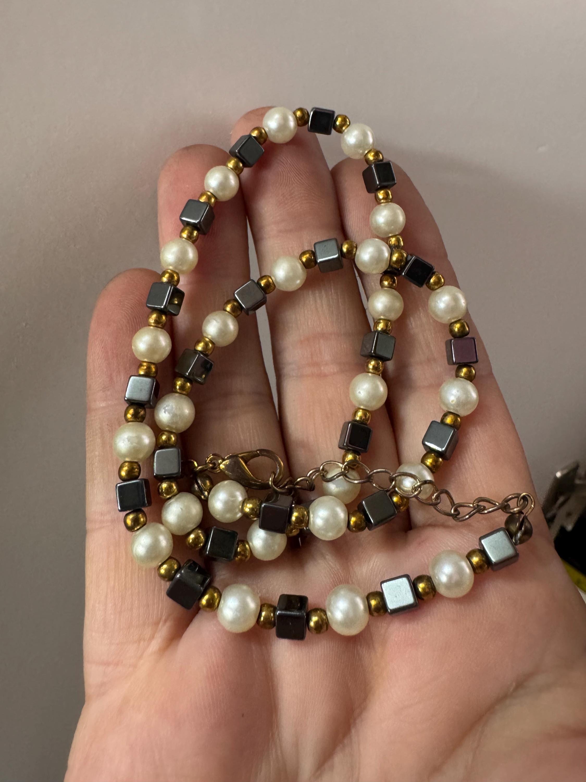 Signed CIRO cream faux pearl and hematite box beaded collar Necklace