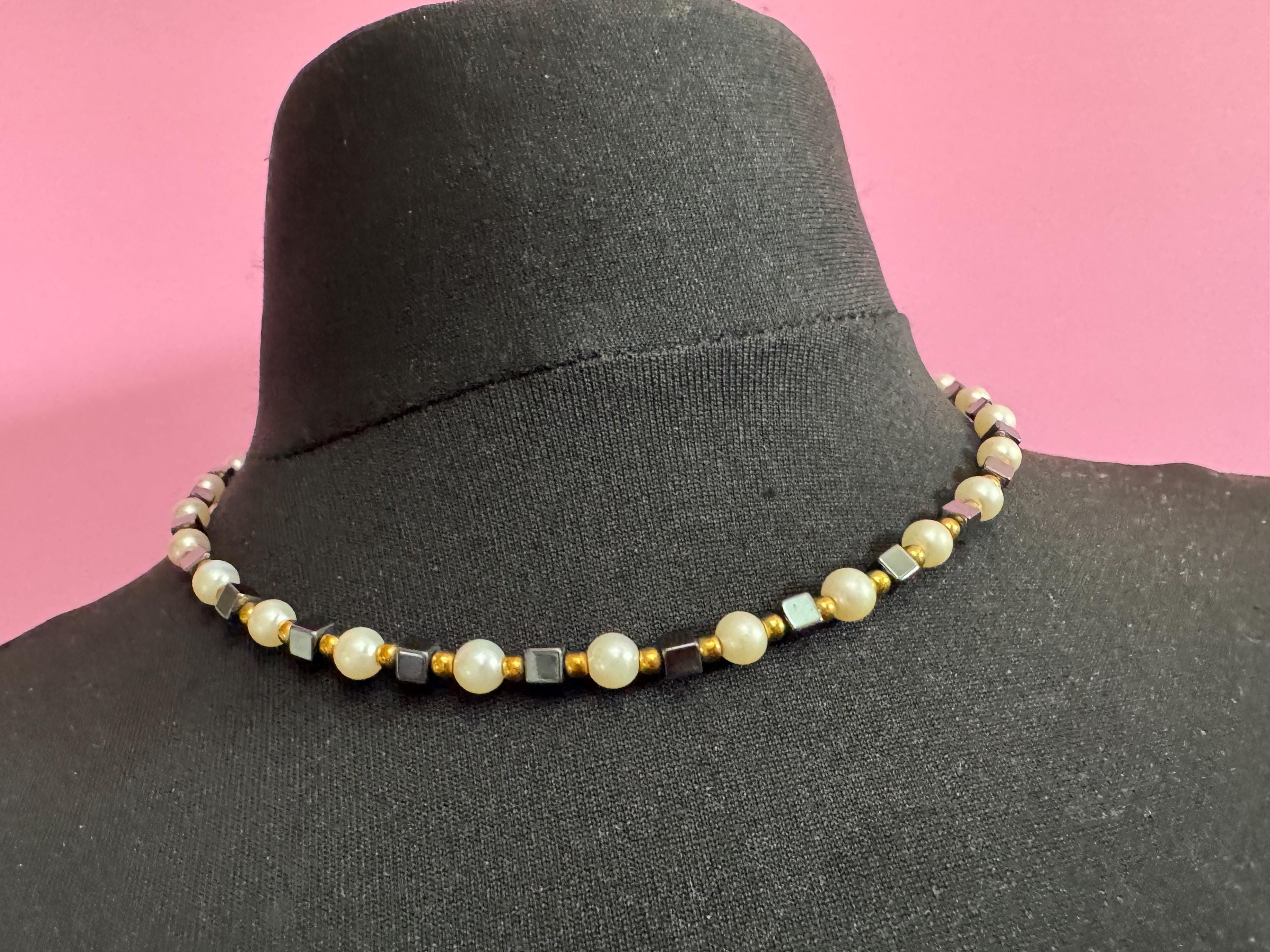Signed CIRO cream faux pearl and hematite box beaded collar Necklace