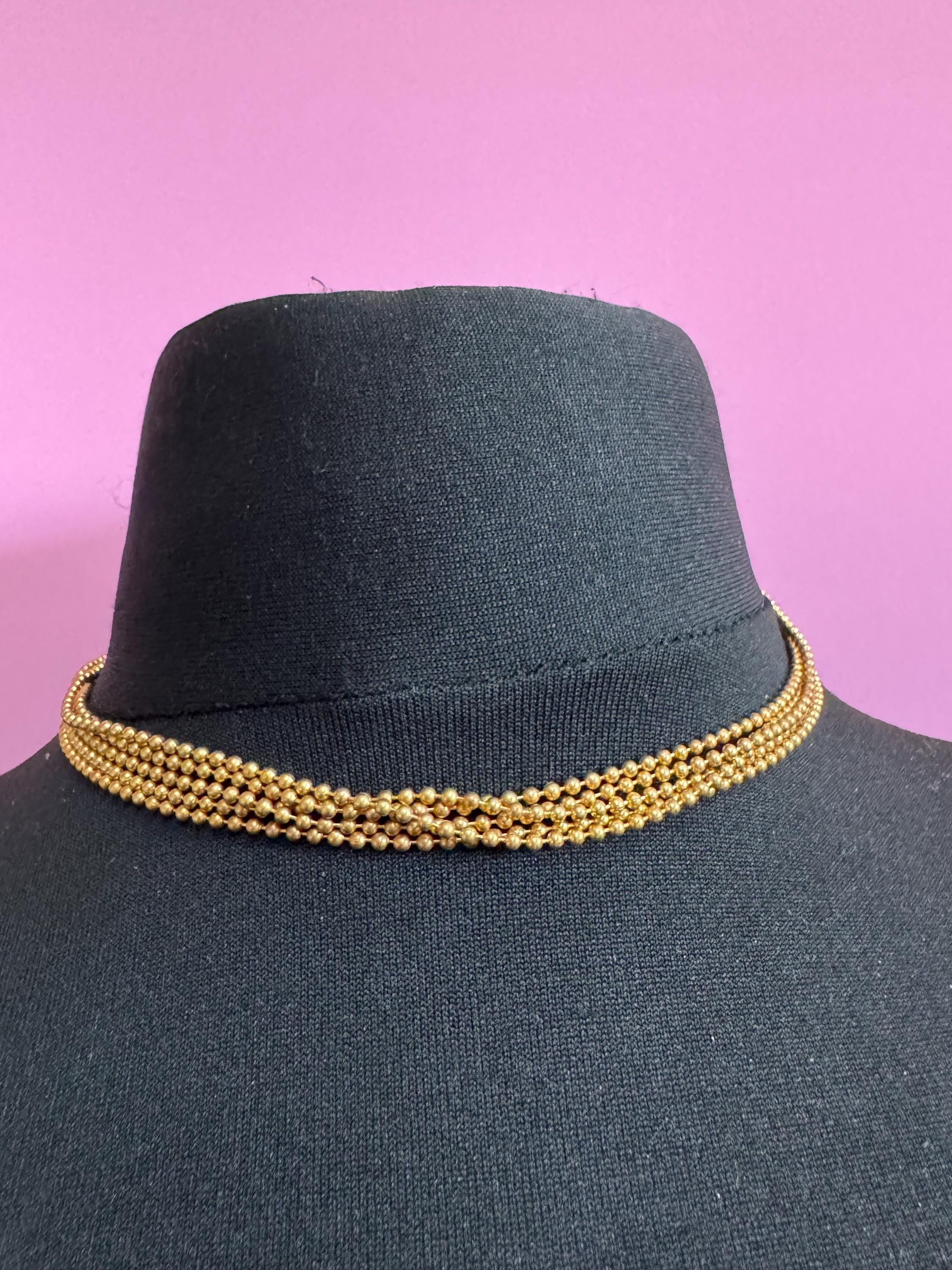 Signed MOVITEX Vintage 4 row brass ball bead chain gold tone multi strand metal chain link choker necklace
