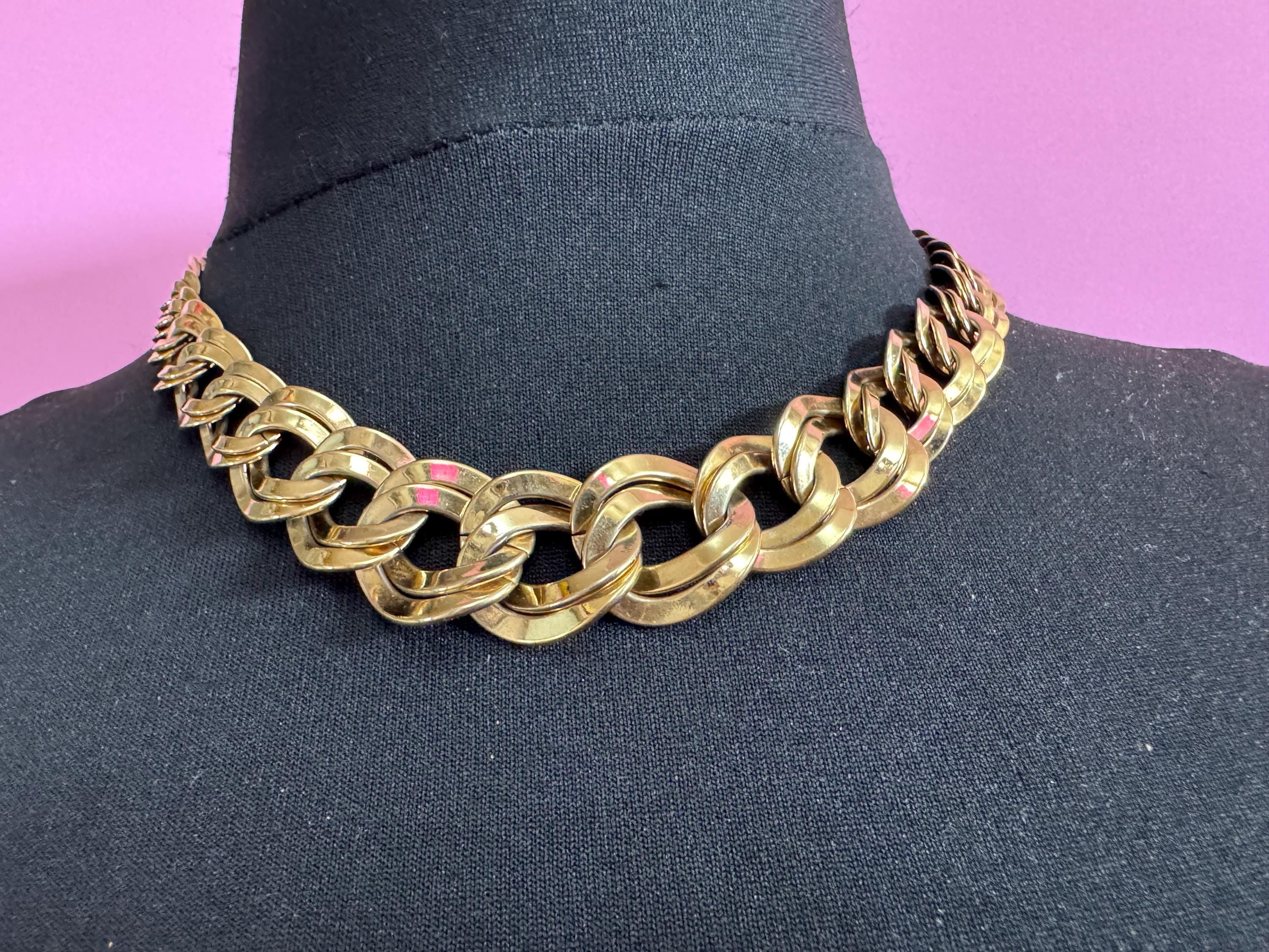 vintage signed MONET chunky gold tone double curb chain link choker necklace