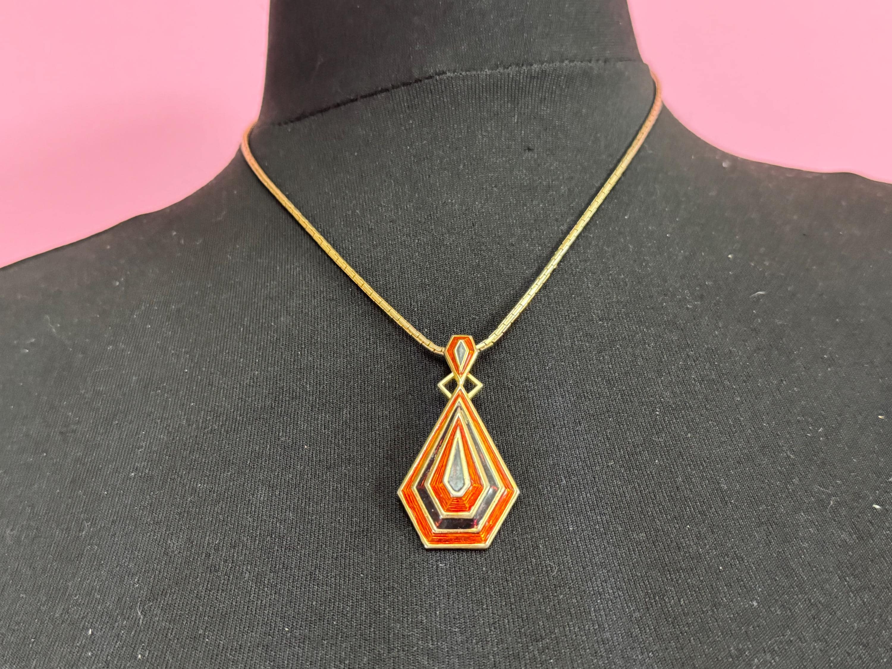 Signed sphinx Vintage modernist  1970s gold tone orange and brown geometric pendant necklace on a 68cm chain