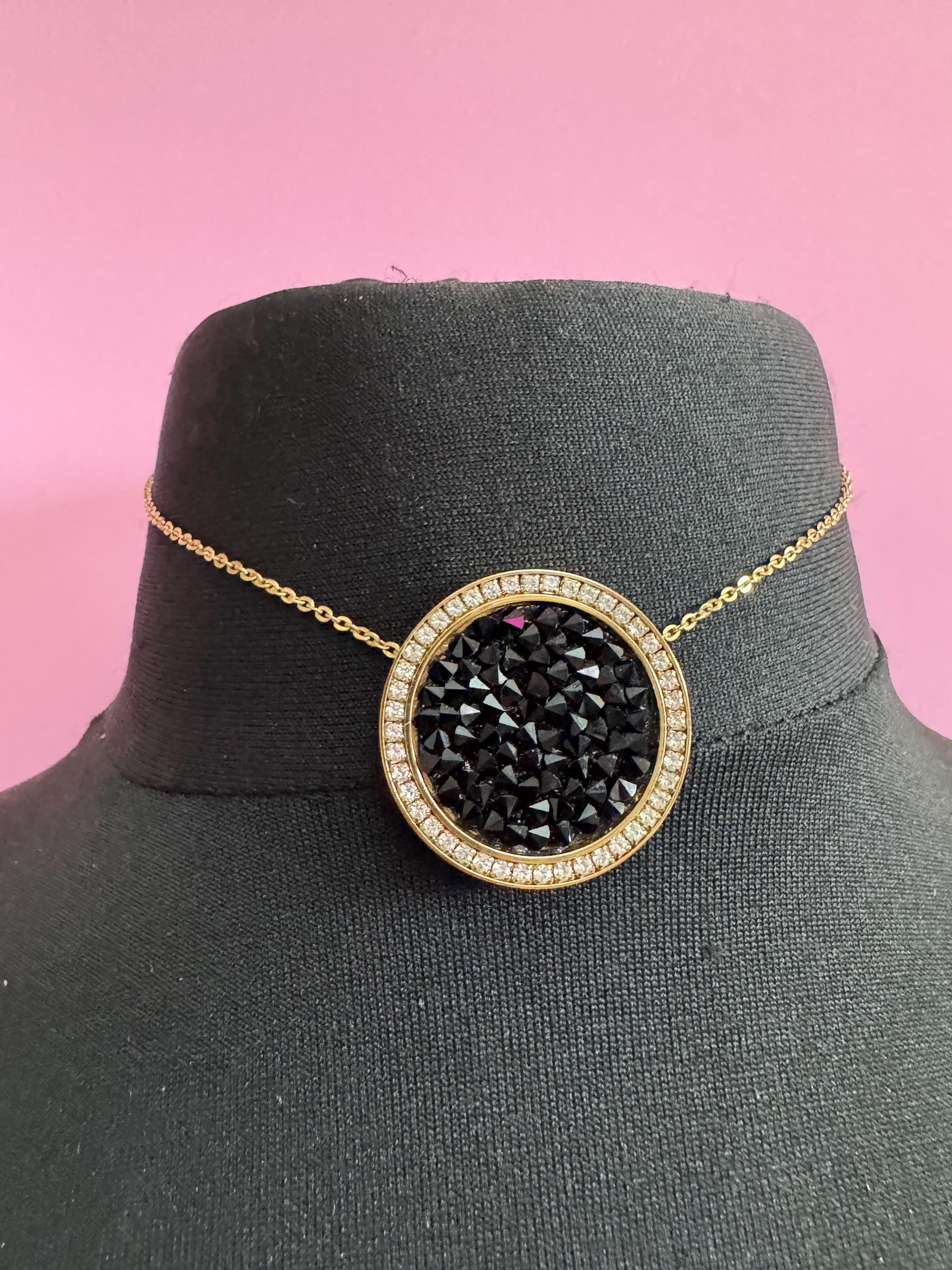 Vintage signed Swarovski Kolye Sound Pendant necklace with Black Crystal model 1170320, gold plated disc choker