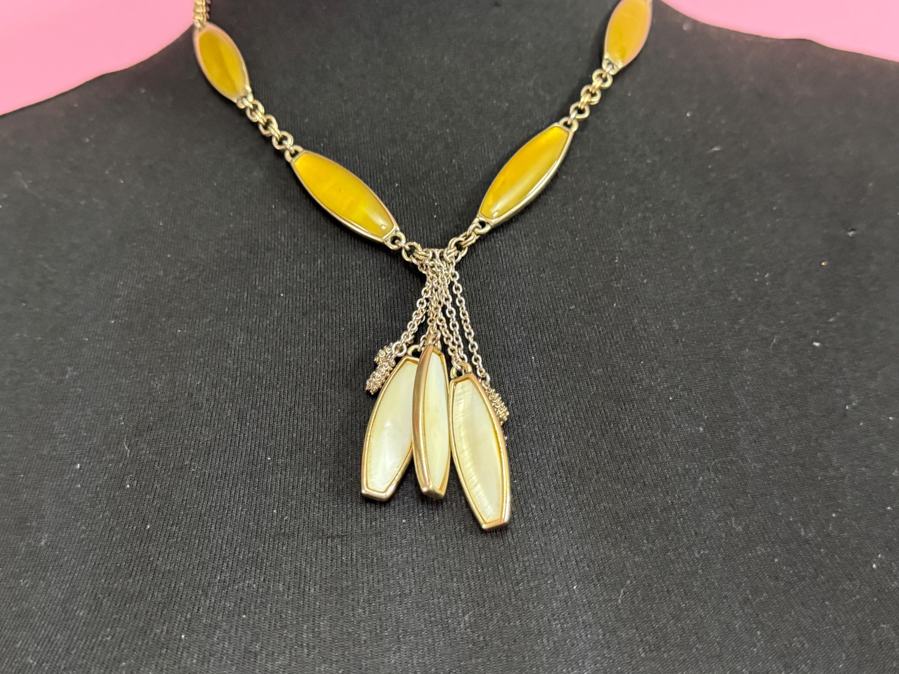 Signed MONET designer yellow and cream Enamel tassel pendant gold plated drop necklace 50cm