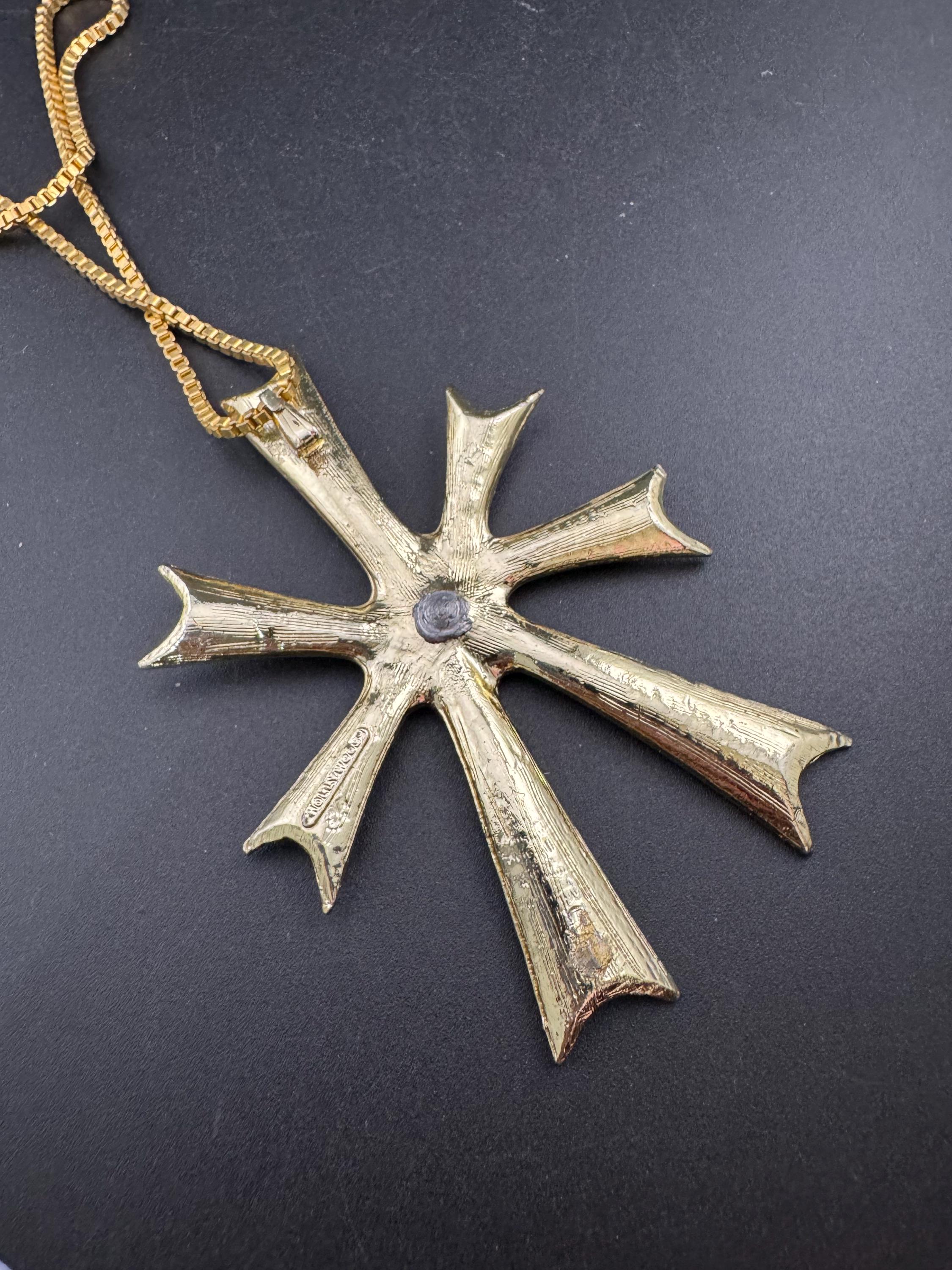 Mid Century Brutalist Cross Pendant Necklace: Signed Hollywood, Bronzed Gold Tone