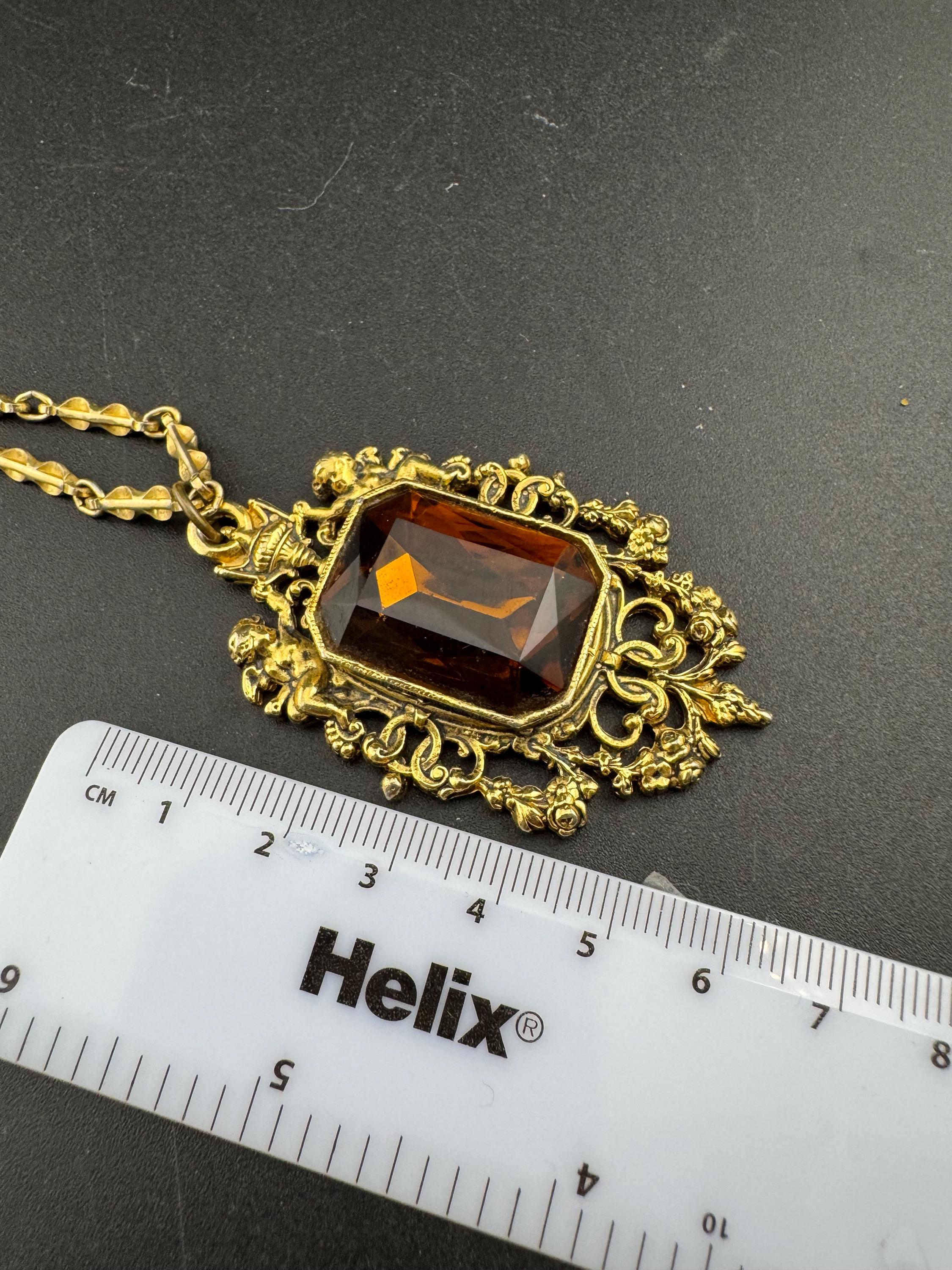 Vintage Barcs Necklace: Gold Plated Cognac Glass Cherub Pendant, 1970s Australian Design