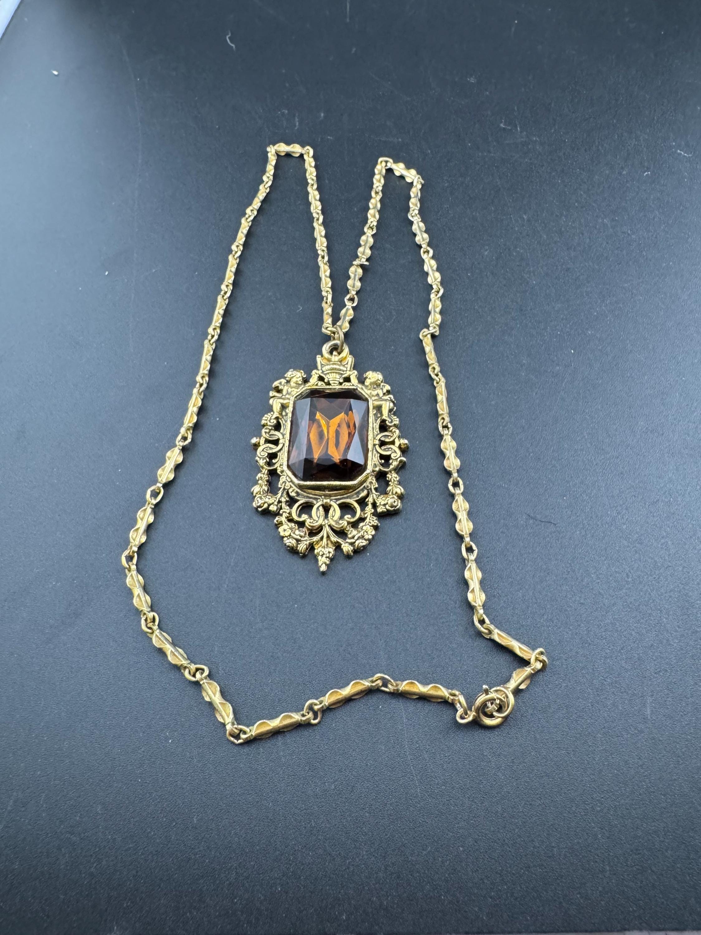 Vintage Barcs Necklace: Gold Plated Cognac Glass Cherub Pendant, 1970s Australian Design
