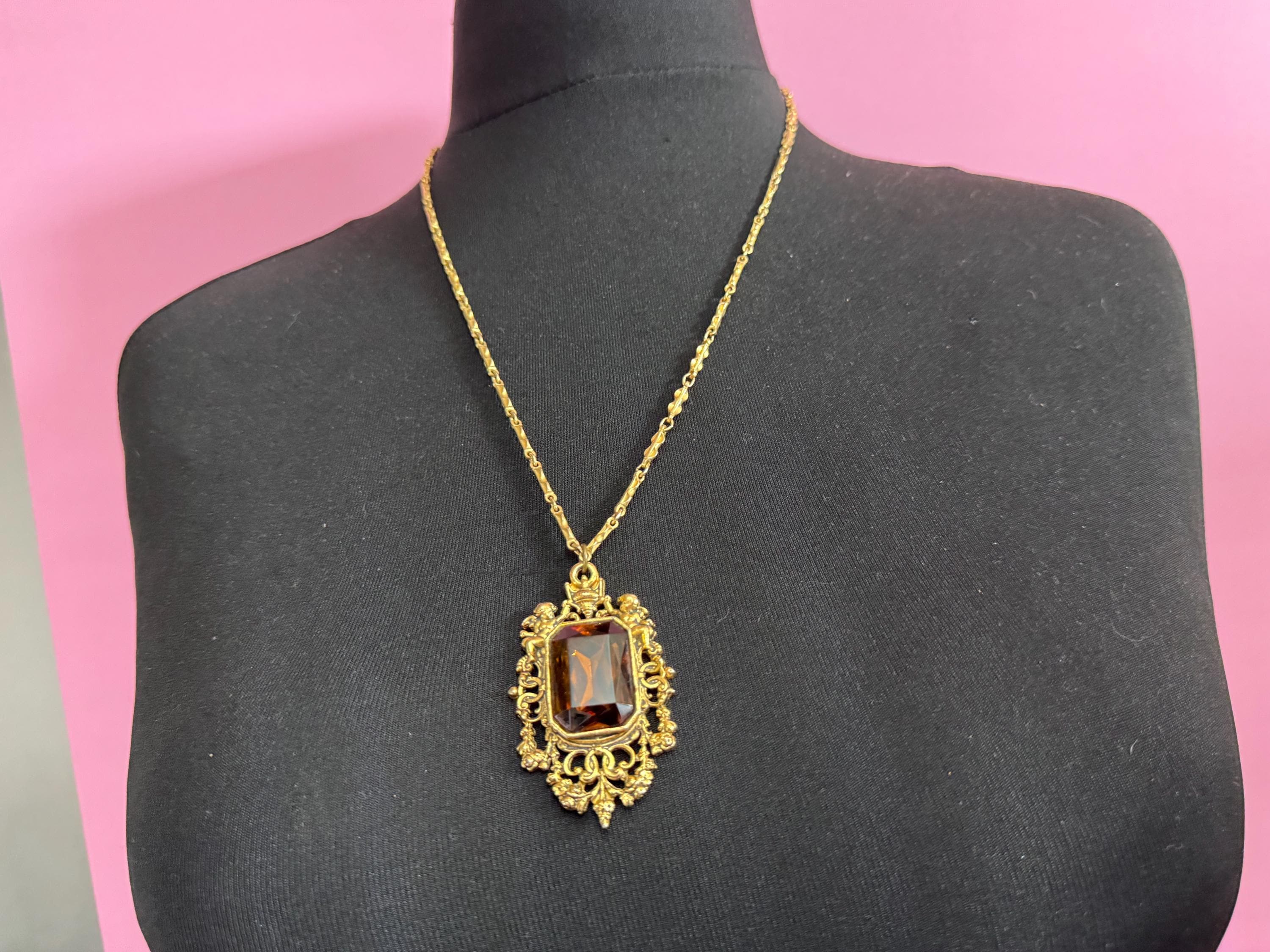 Signed Barcs Australian vintage 1970s ornate gold plated cognac glass pendant necklace set with cherubs