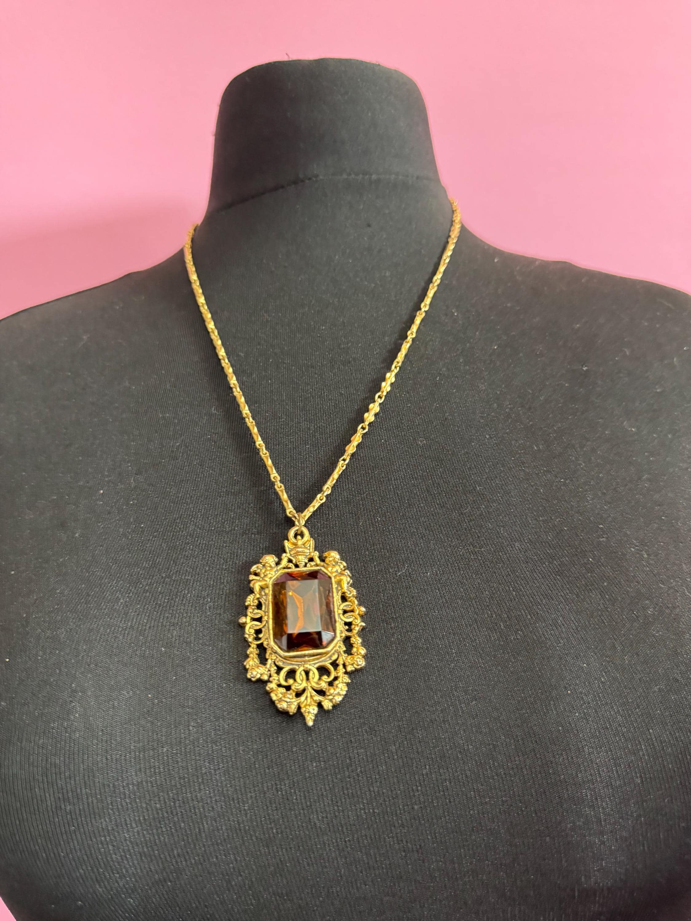 Vintage Barcs Necklace: Gold Plated Cognac Glass Cherub Pendant, 1970s Australian Design