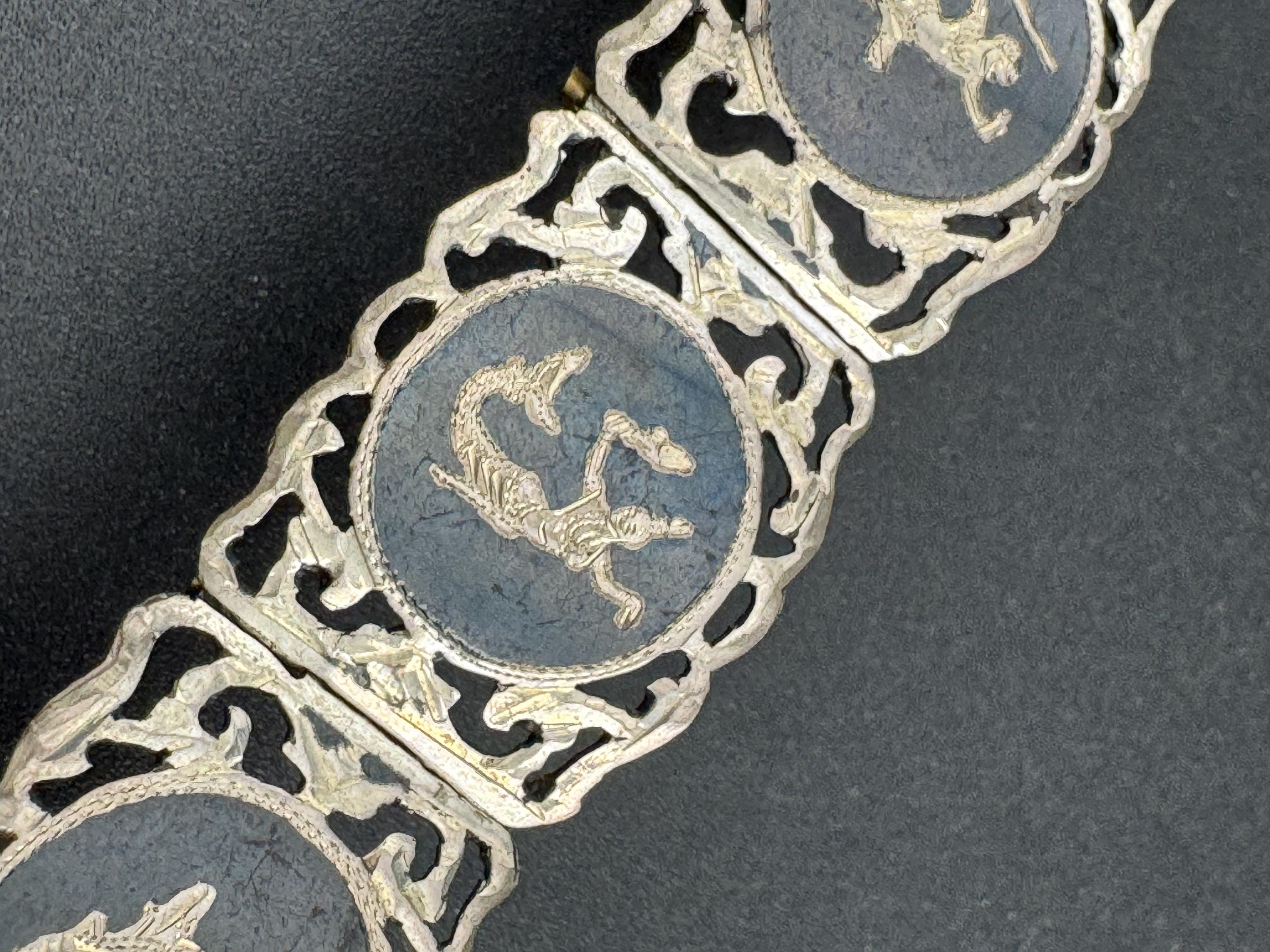 Vintage Siam Silver and black enamel pictorial panel link bracelet 18.5cm 25.8grams