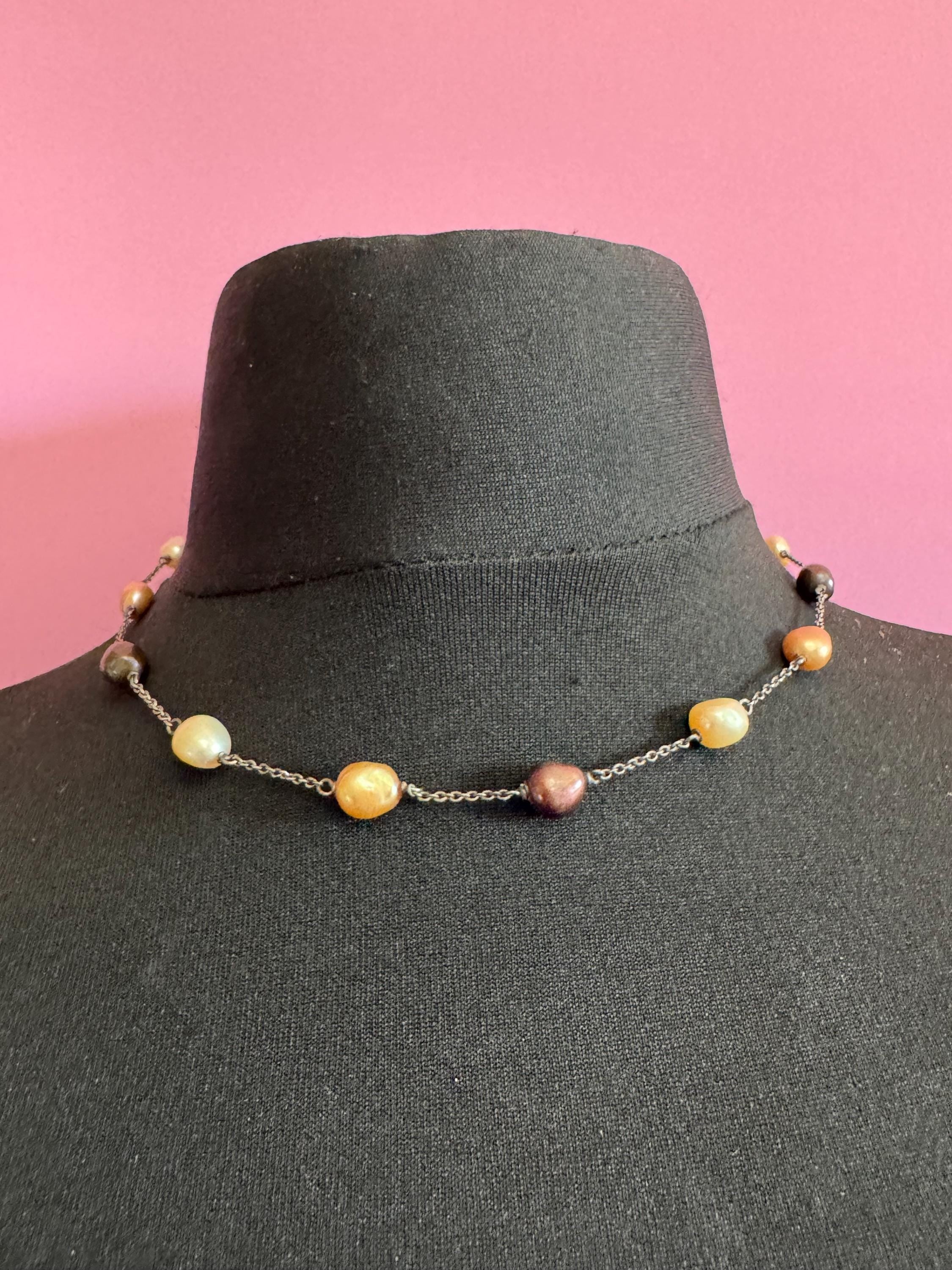 925 sterling silver natural cultured brown cream beaded sea pearl station chain necklace 11.7gms 46cm