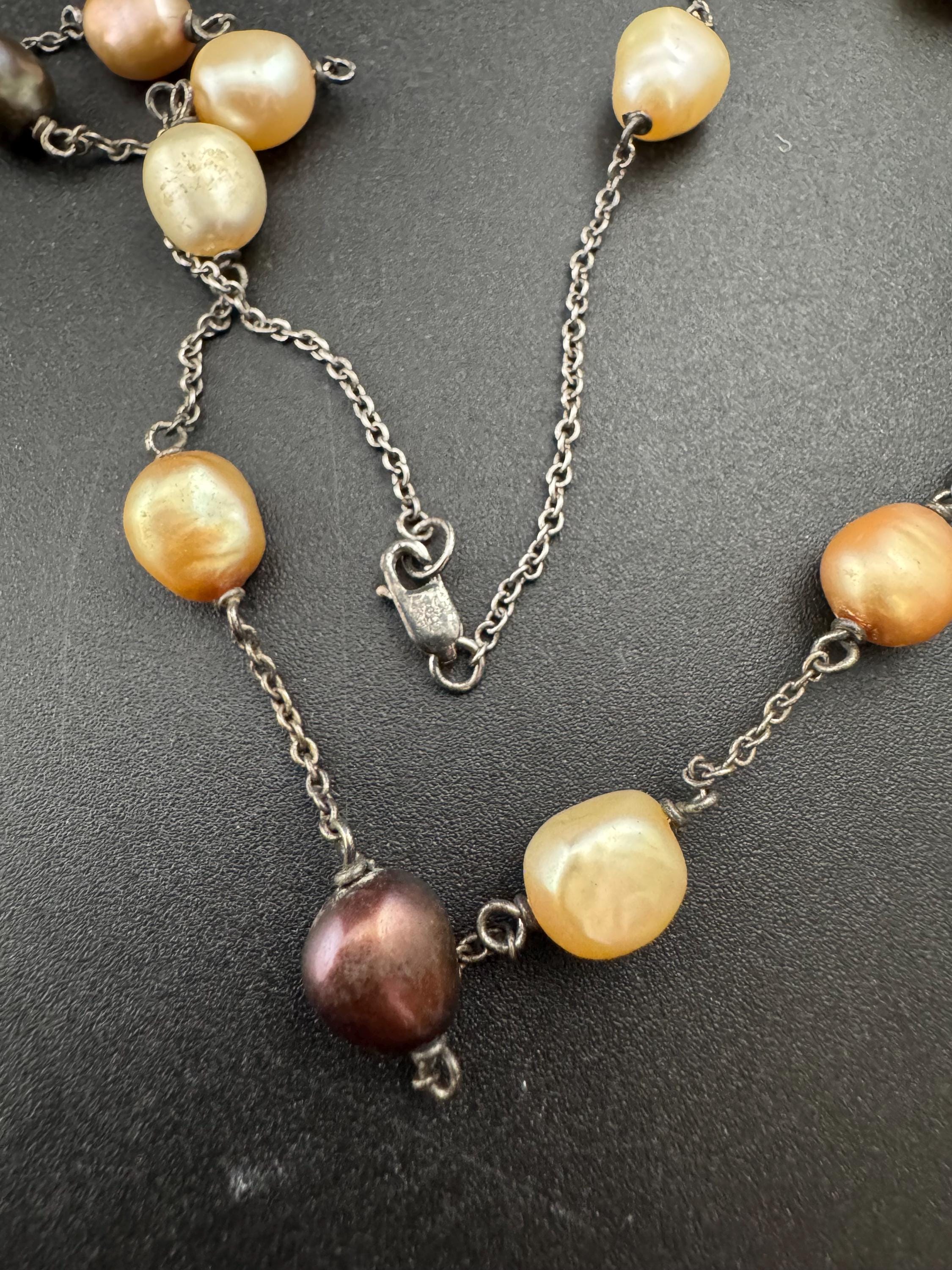925 sterling silver natural cultured brown cream beaded sea pearl station chain necklace 11.7gms 46cm