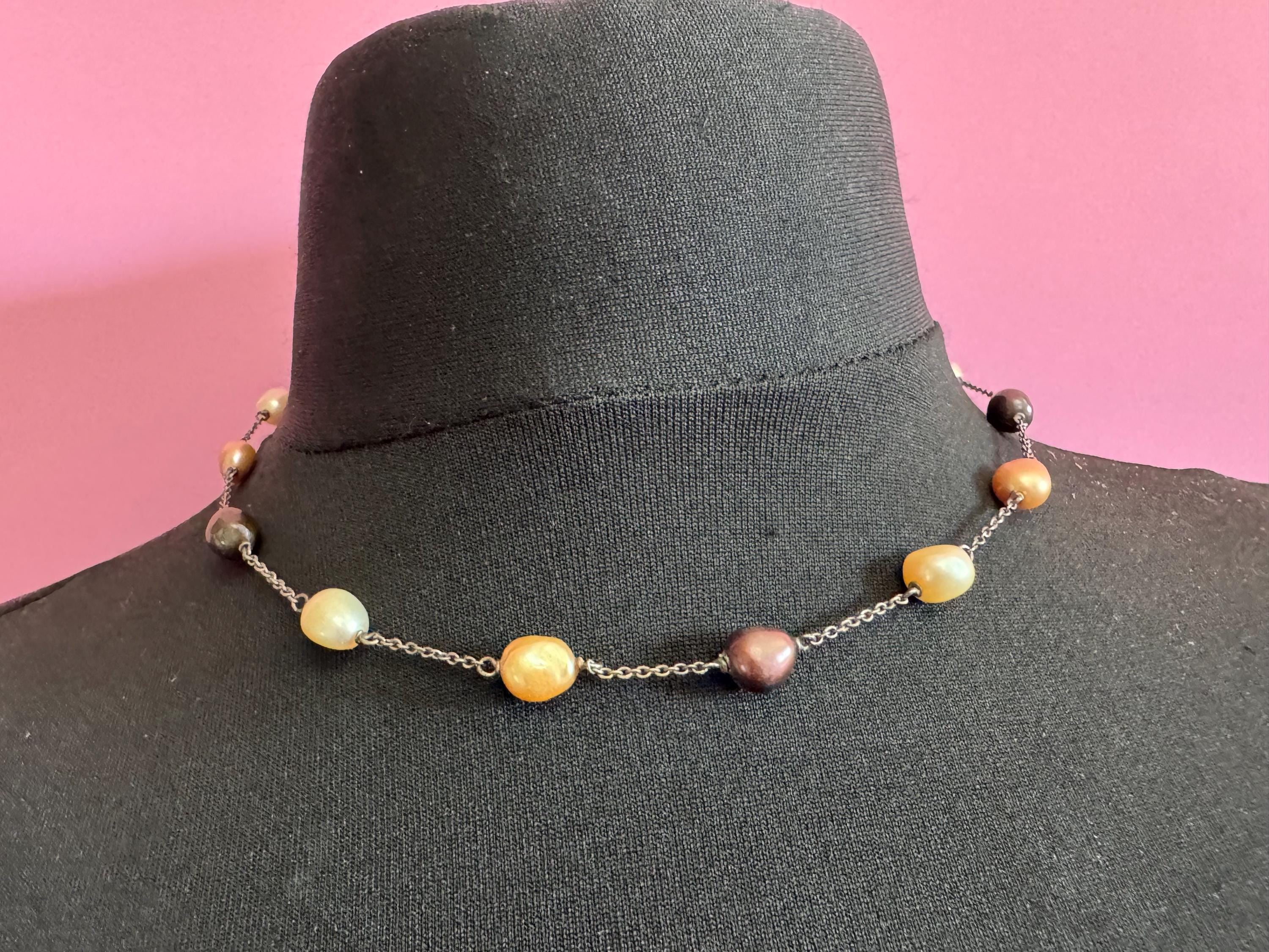 925 sterling silver natural cultured brown cream beaded sea pearl station chain necklace 11.7gms 46cm